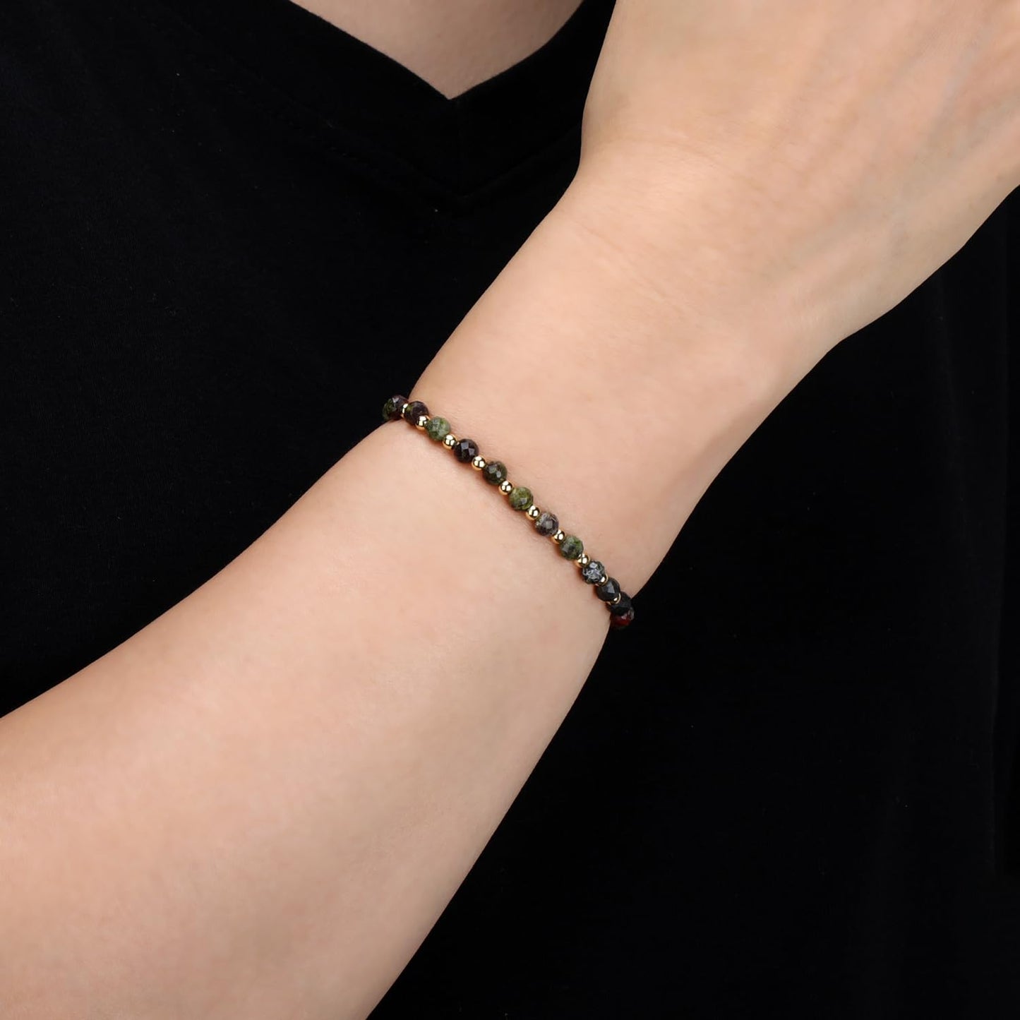 QOGIR Dragon Bloodstone - Strength and Courage - 14K Gold Plated Beads Natural Gemstone Stretch Elastic Dainty Healing Beaded Bracelets Gifts 4mm