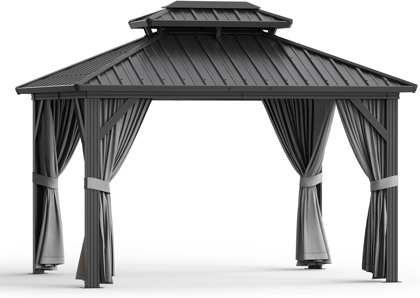 13'X10' Hardtop Gazebo, All-Weather Aluminum Frame Outdoor Canopy with Double Polycarbonate Roof, Permanent Outdoor Gazebo with Netting & Curtains for Garden, Lawns, Patio, Grey.