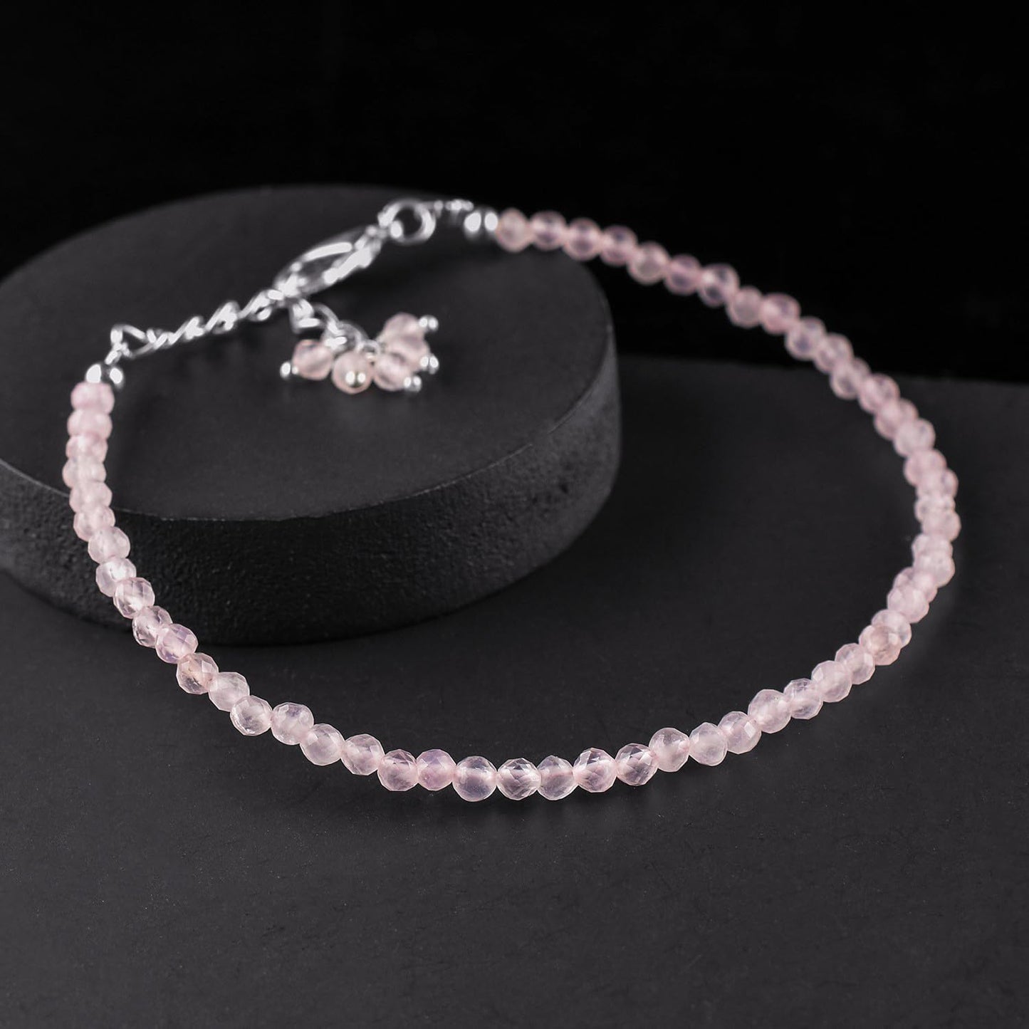 QNAVIC Pink Rose Quartz Micro Round Beads Dainty Bracelet for Women, Birthstone Bracelet jewelry Chakra Healing Crystals, Silver Plated Chain 8 inch Birthday Gift for Her