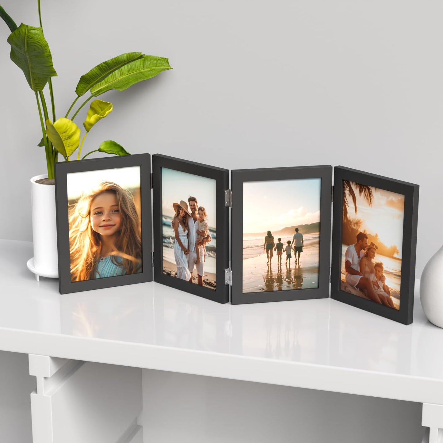 WARM&LOVE 4 Picture Frame, 4x6 Four Folding Hinged Photo Frames, Rustic Wood Desk Family Photo Collage Stand Vertical on Tabletop for Birthday Family Lover Gift (Black)