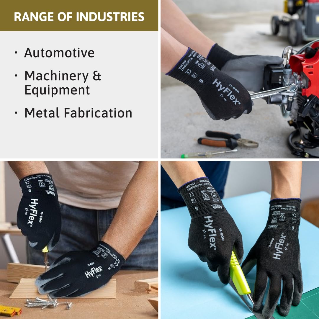 Ansell HYFLEX 11-600 Light Duty Nylon Industrial Gloves w/Palm Coating for Metal Fabrication, Automotive - XL (10), Black (1 Pair)