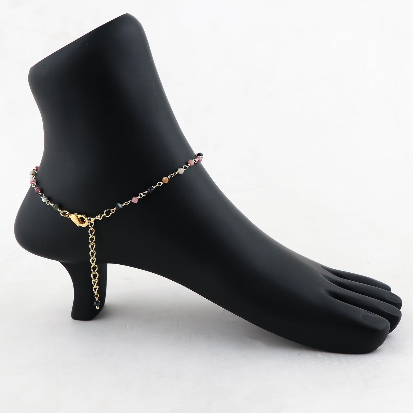 JOR Natural Multi Tourmaline Beaded Rosary Anklet, Handmade Craft, Anklet Beads Bracelet, Chakra Healing Anklet, Gemstone Women Jewelry, Dainty Gold Plated Anklet 9 inch + 1.5 inch (1pcs)
