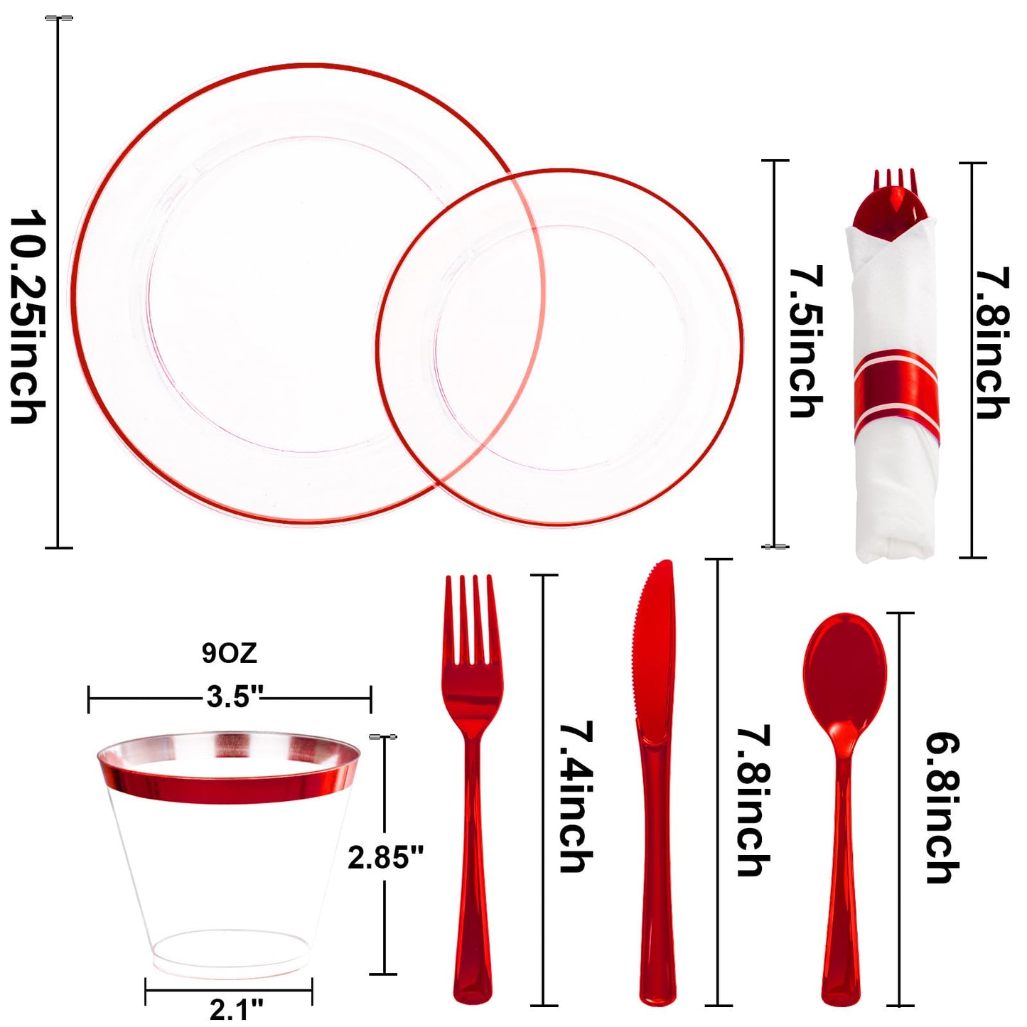 SUT 350 Pcs Red and Clear Plastic Dinnerware Set for 50 Guests, Include: 50 Dinner Plates, 50 Dessert Plates, 50 Pre Rolled Napkins With Silverware, 50 Cups, Disposable Plates for Party