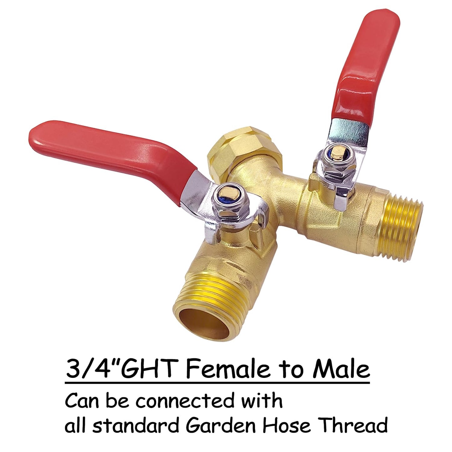 Uenede Brass Full Flow Garden Hose Splitter 3/4" GHT Heavy Duty 2 Way Y Valve Water Hose Shut Off Outdoor Faucet Splitter Connector Adapter with Long Handle