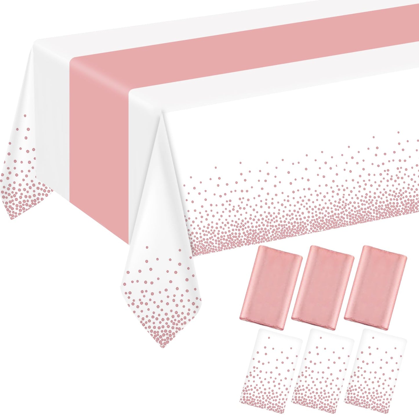 ZHOMA 6 Pack Rectangle Plastic Dot Tablecloth Set, 54 X 108 Inch Plastic Table Cover, 12 x 108 Inch Satin Table Runners for Wedding Graduation Birthday New Year Party Decorations (White, Rose Gold)