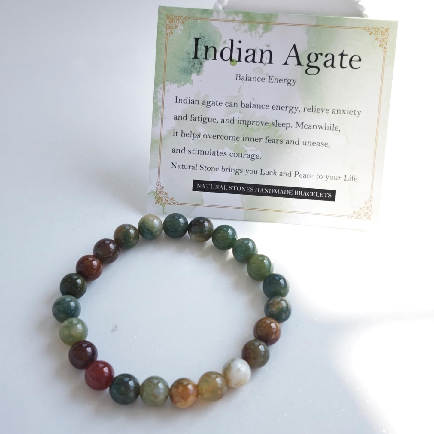 Handmade Natural Gemstone Elastic Bracelet - Healing Crystal Beads Jewelry, Unisex (Indian Agate, 8mm)