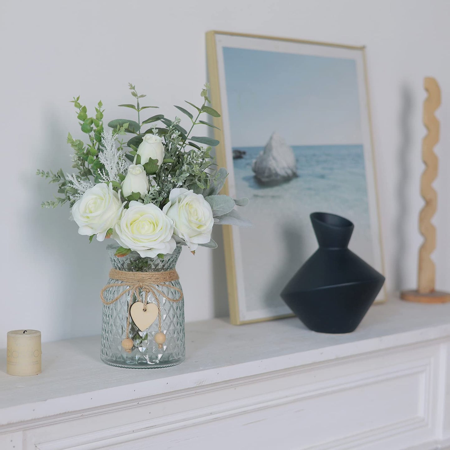 Faux Flowers with Vase,Artificial Silk Roses in Vase, Fake Plant Eucalyptus Flower Arrangement for Home Office Farmhouse Bathroom Dining Table Centerpiece Decorations Coffee Table Decor (White)
