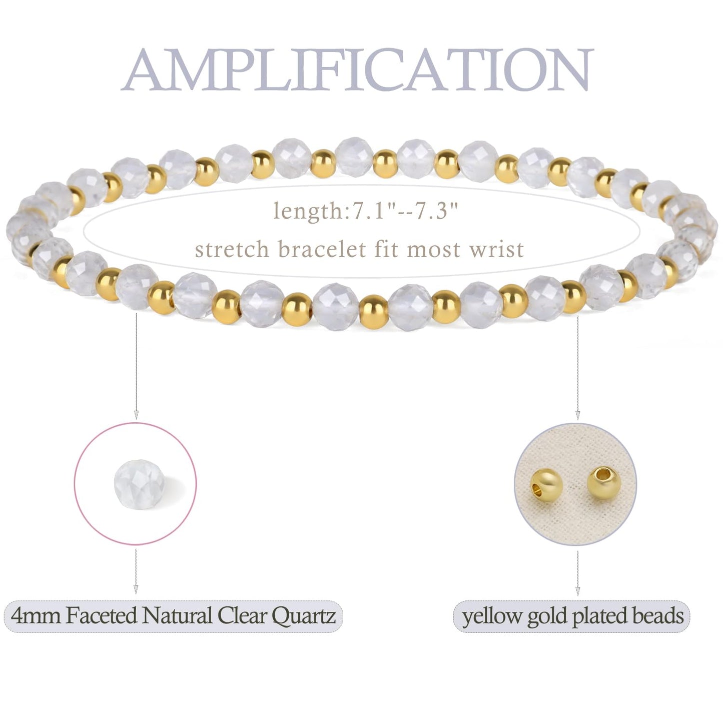 QOGIR Clear Quartz - Amplification - 14K Gold Plated Beads Natural Gemstone Stretch Elastic Dainty Healing Beaded Bracelets Gifts 4mm