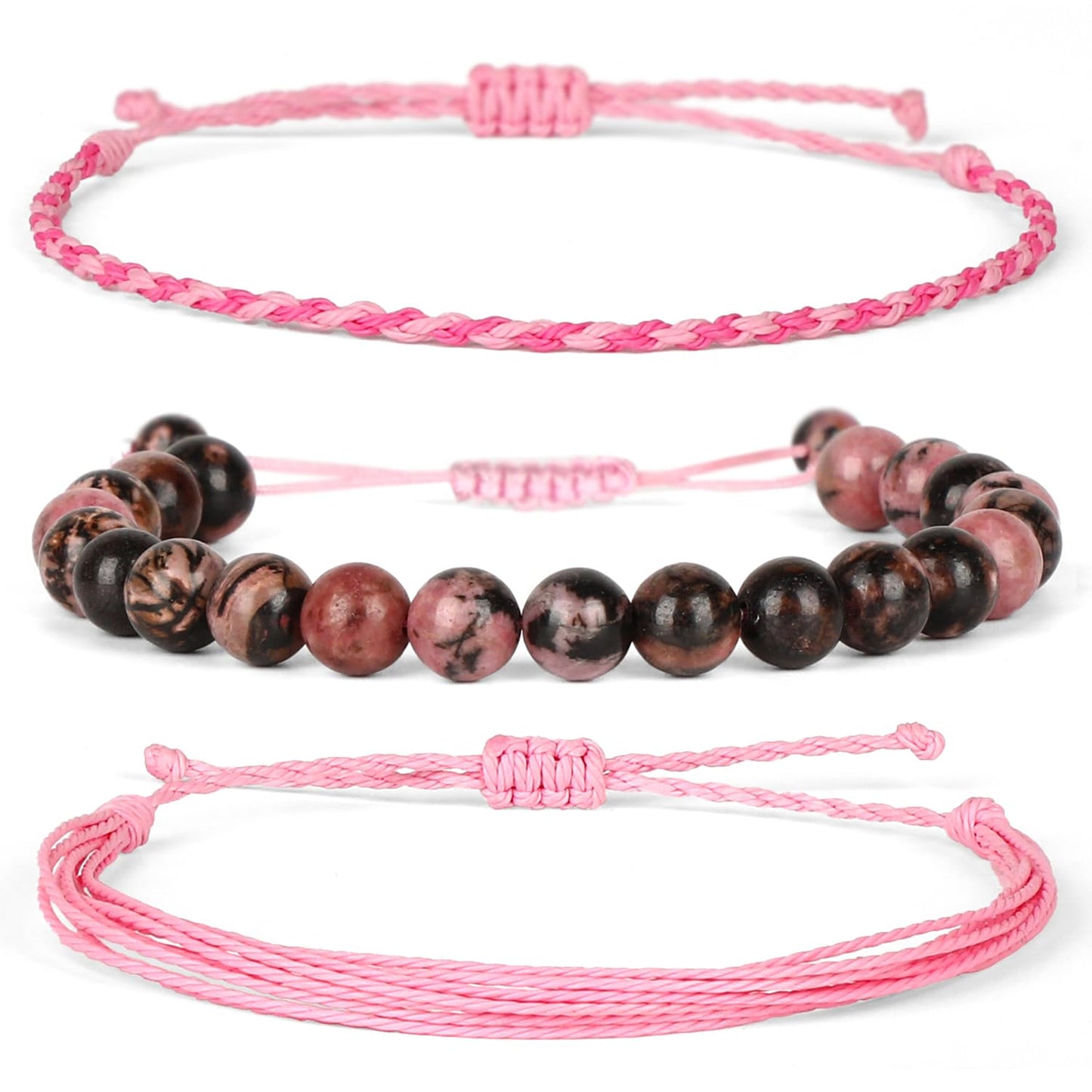 QOGIR Handmade Healing Stones Bracelet,8mm Natural Black Rhodonite Gemstone Beads Bracelet,for Men Women Gifts with 2PCS Size Adjustable Rope Bracelets