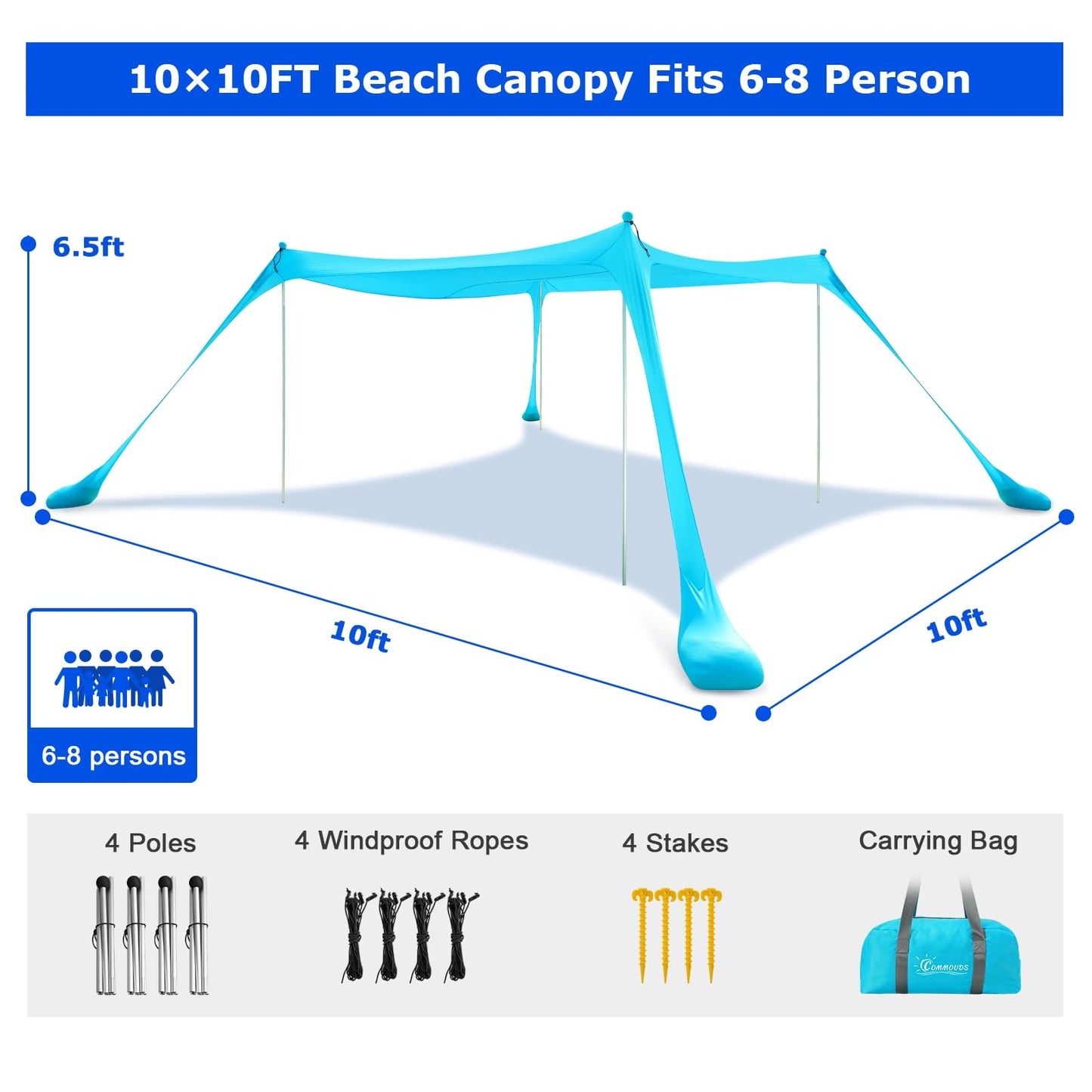COMMOUDS Beach Tent Sun Shelter - UPF50+ Pop Up Beach Canopy with Sandbags & Sand Shovel & Windproof Poles, Portable Sun Shade for Beach, Camping, Picnics, Backyard (10x10FT)