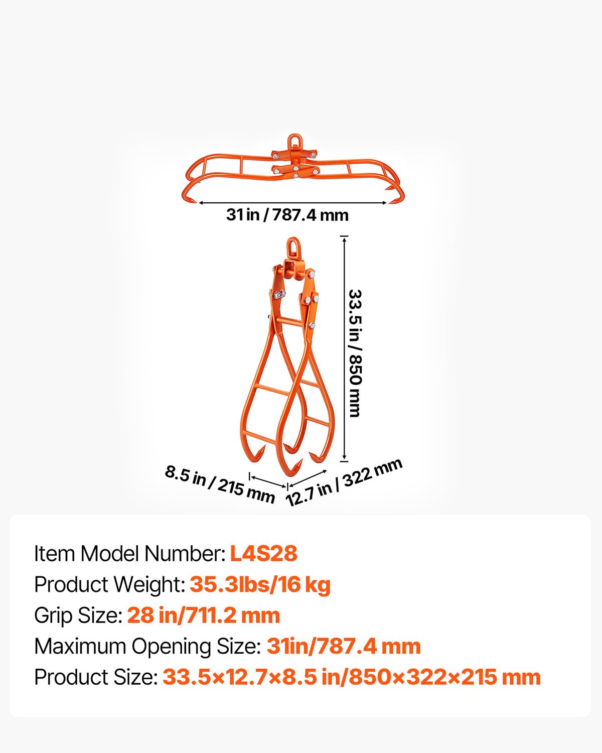 VEVOR Timber Claw Hook, 28 inch 4 Claw Log Grapple Logging Tongs, Swivel Steel Log Lifting Tongs 31" Max Opening, Eagle Claws with 2205LBS/1000kg Loading Capacity for Tractors, ATVs, Trucks, Forklifts