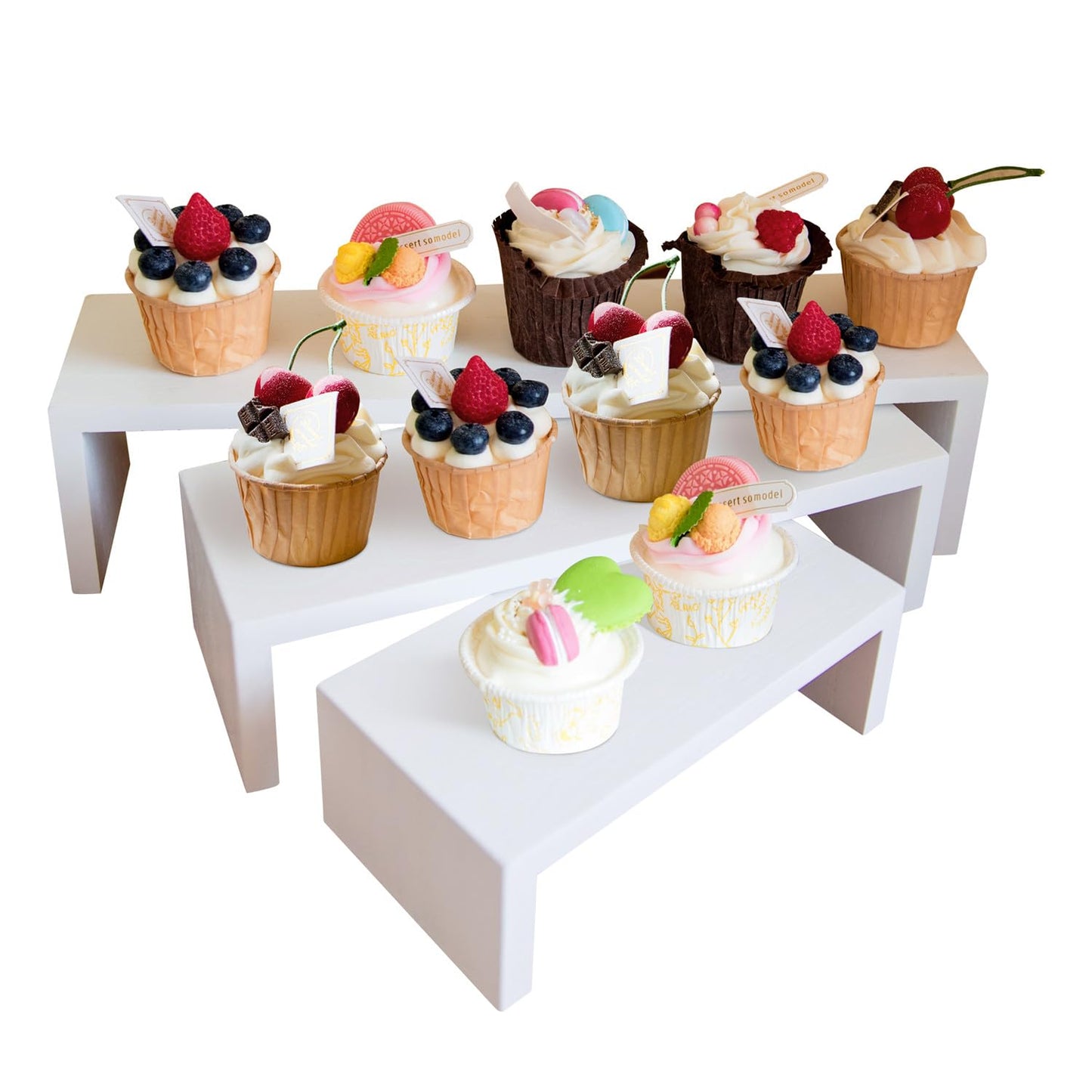HPC DECOR 3PCS Wood Display Riser Stands- 8'' 12'' & 16'' Decorative Wooden Tabletop Tiered Display Risers for Cupcake Dessert- Modern Farmhouse Nesting Display Risers for Home, Restaurant & Party