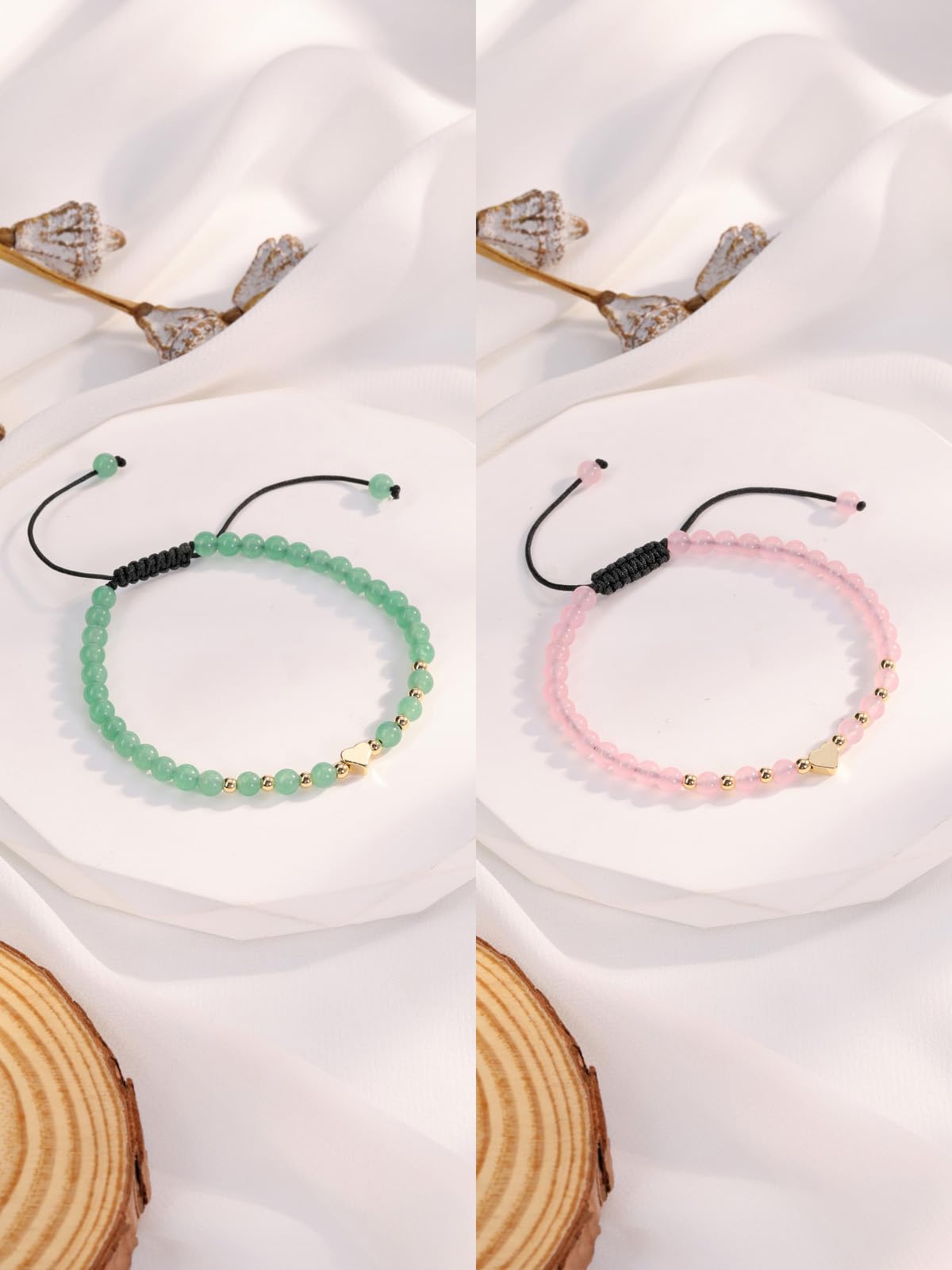 Top Plaza 2Pcs Natural Rose Quartz Green Aventurine Crystal Bracelets for Women 4mm Handmade Gemstone Beaded Bracelet Healing Crystal Yoga Meditation Gold Heart Charm Bracelet Jewelry Christmas Gifts