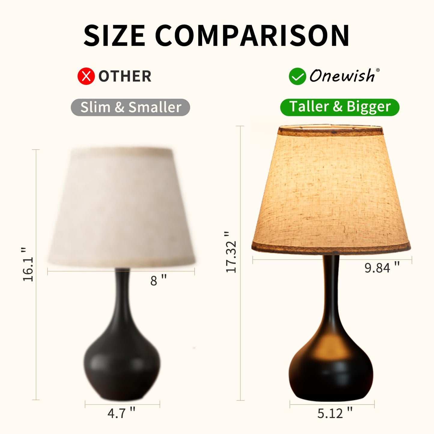 ONEWISH Touch Bedside Lamp for Bedroom, 3-Way Dimmable Farmhouse Table Lamps for Nightstand with Fabric Shade, Desk Lamp for Kids Reading, Home Office