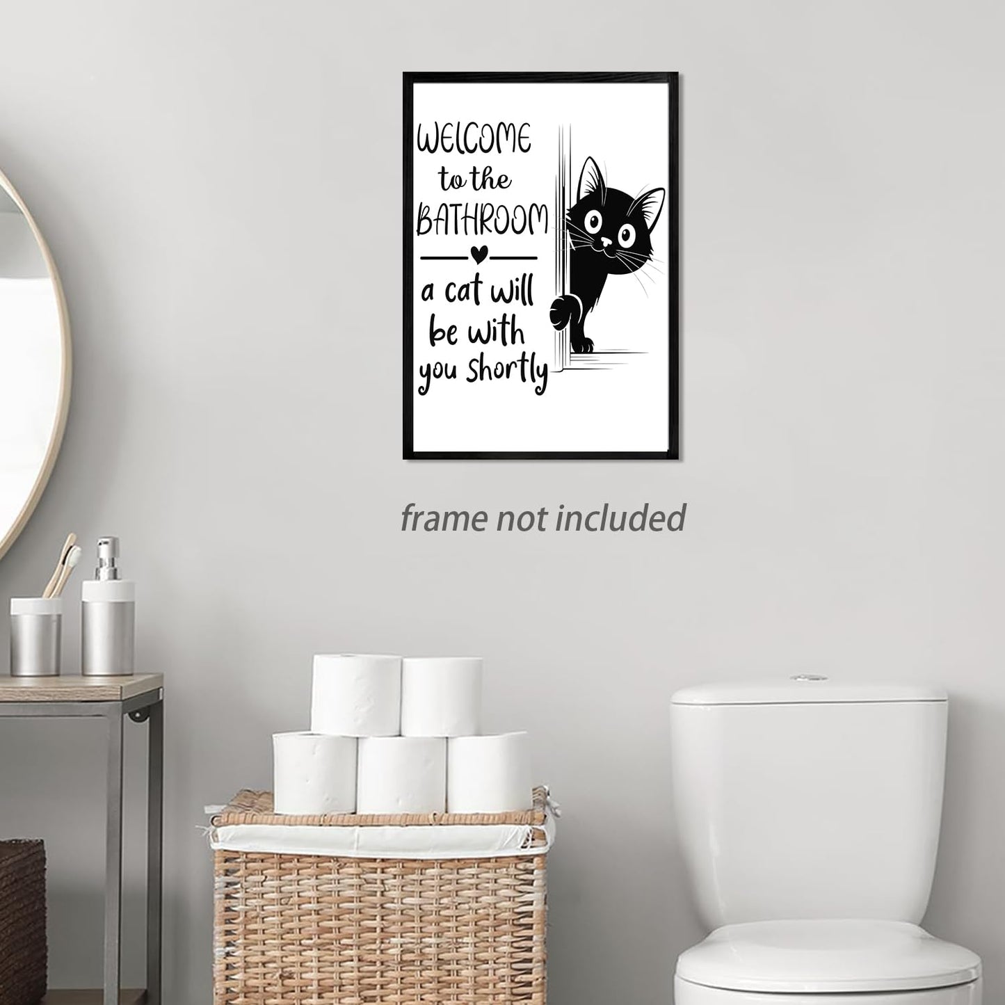 HNNXAR Funny Cat Bathroom Wall Art,Welcome To The Bathroom A Cat Will Be With You Shortly Paintings Posters,Black and White Funny Canvas Pictures Prints,Cute Black Cat Wall Decor 12x16in Unframed