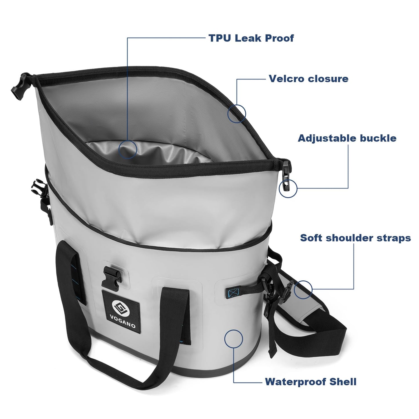 Vogano 40 Can Soft Cooler Bag - Insulated Leak-Proof Large Cooler Bag with Roll-Top Waterproof Seal | Portable Ice Chest for Camping, Beach, Travel, Picnics | 24HR Cold Retention (Gray)