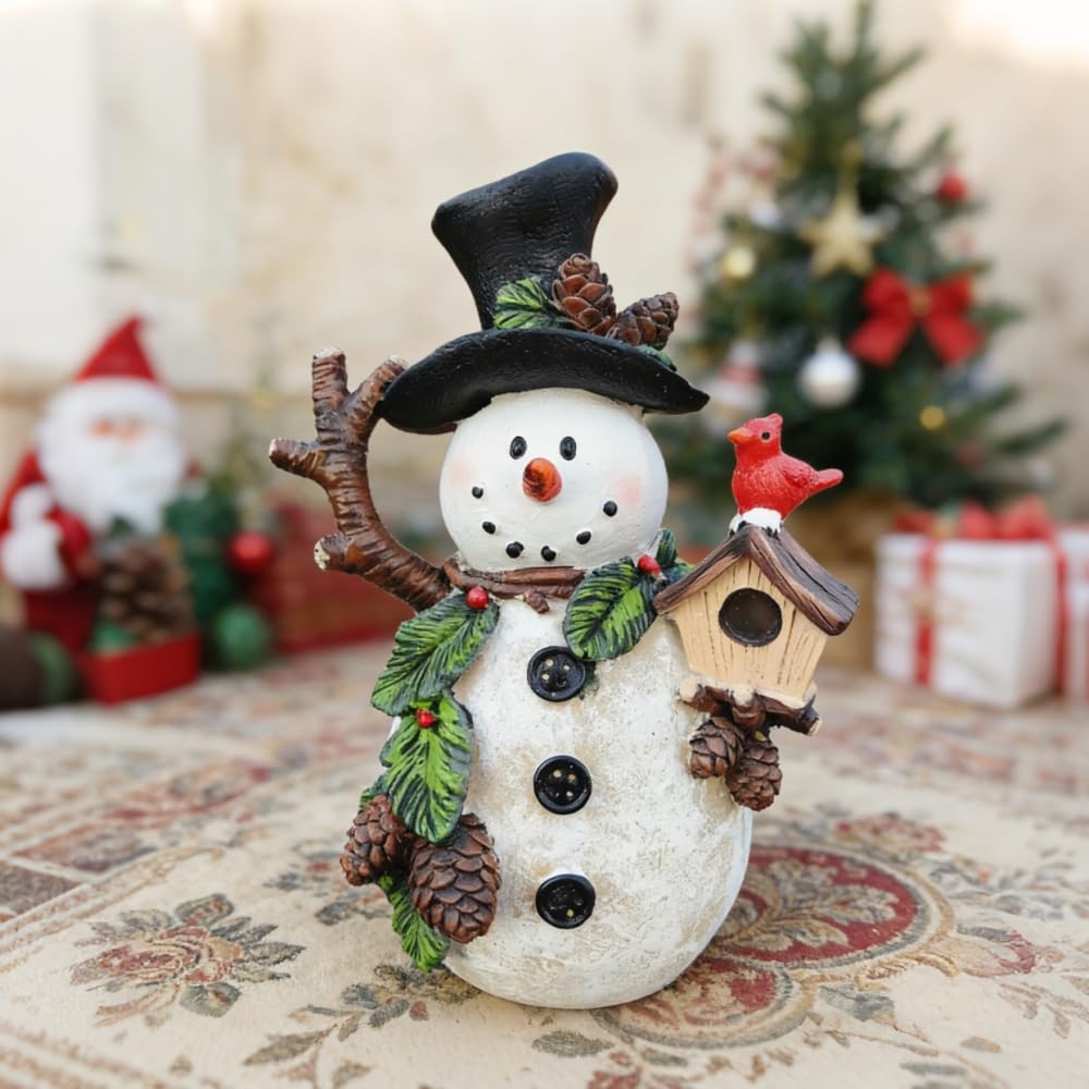 Gishima Snowman Decorations Indoor Snowman Figurines Decor Holiday Winter Ornament Christmas Figurines Table Decorations Gifts (Holding Cardinal)