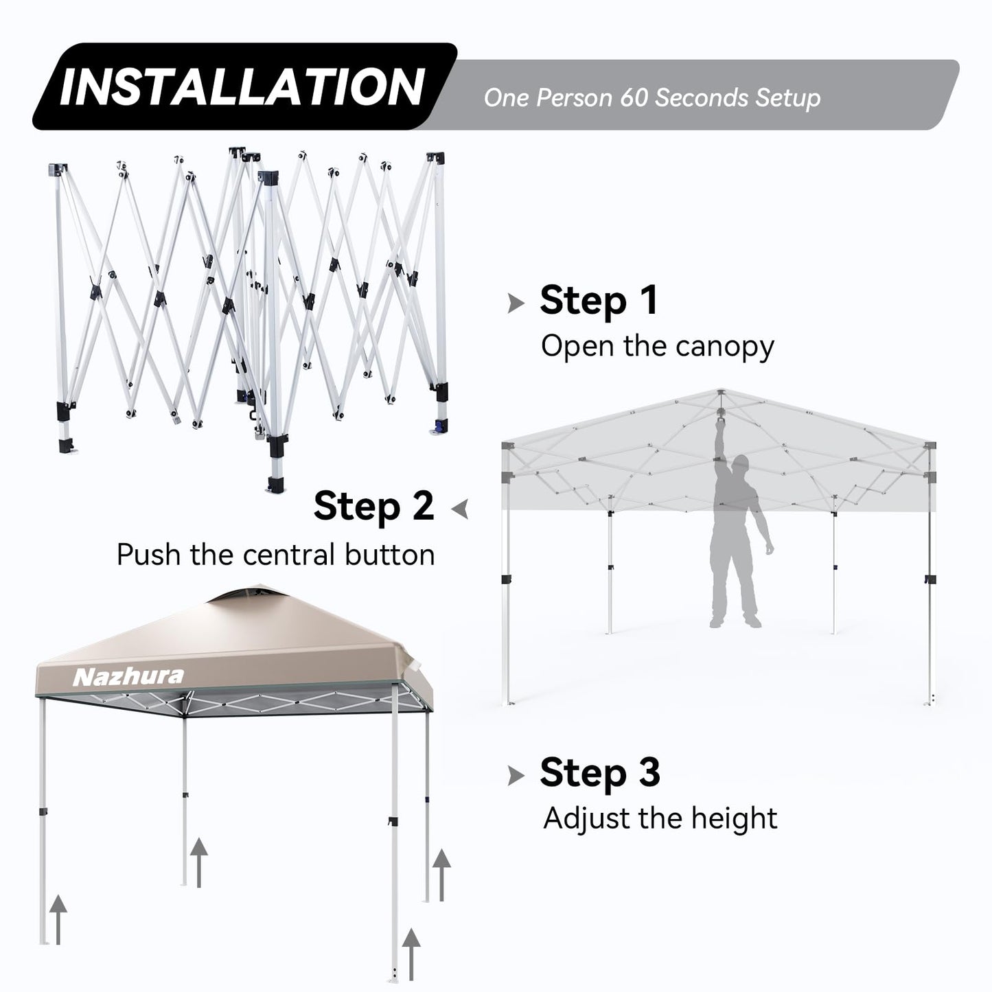 Nazhura 10' x 10' Pop Up Canopy Tent with Sand Weight Bag, Awing for Patio, Freestanding Sun Shelter for Picnic and Camping, One Person Setup, White (Kahki)