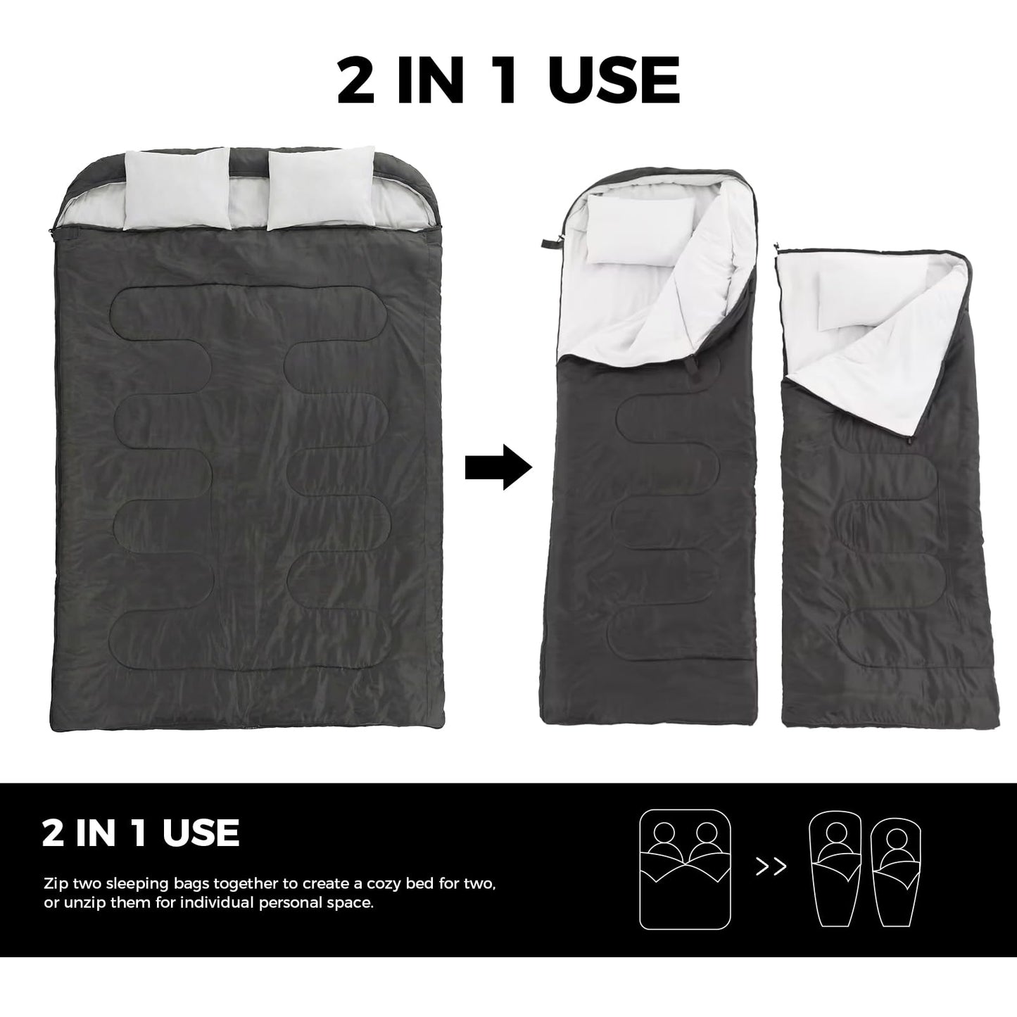 OLIXIS Double Sleeping Bag for Adults with Pillow, Lightweight Portable Large Sleeping Bag for 2 Person, Cold Weather & Warm Sleep Bag for 3 Seasons Backpacking, Camping, Hiking, Outdoor Adventure