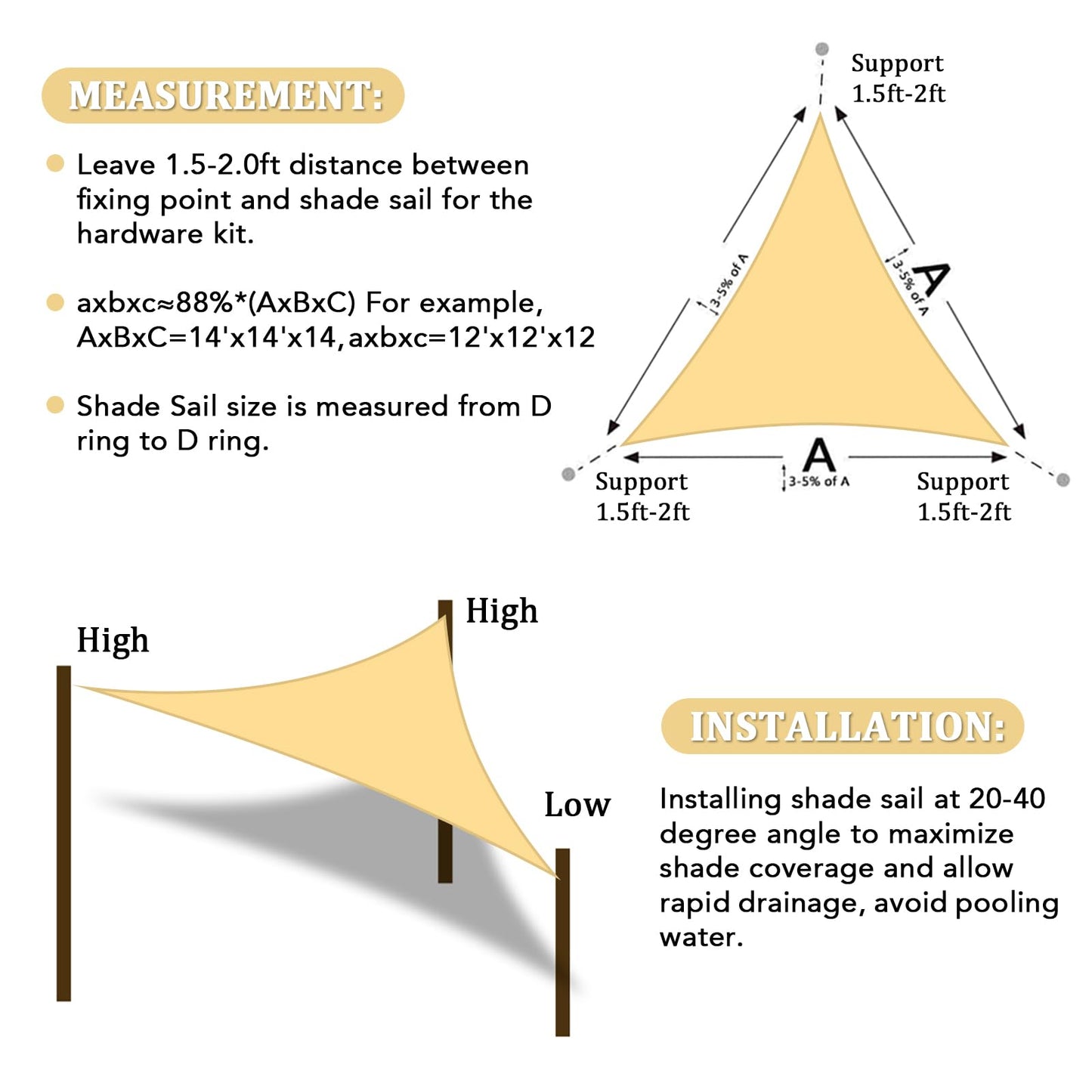 Shade&Beyond Triangle Sun Shade Sail 16'X16'X16' Permeable Canopy Sand for Patio Garden Yard Deck Pergola (We Make Custom Size)