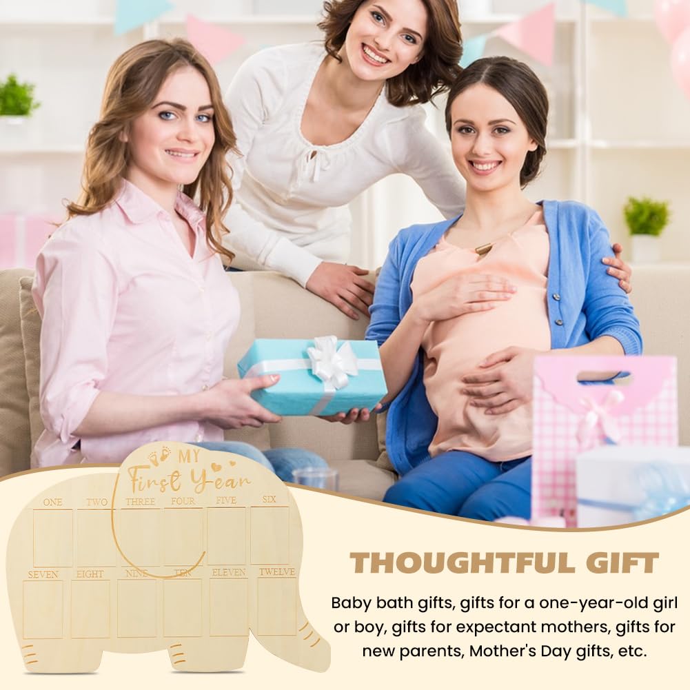 XIHUADOU My First Year Picture Frame – One-Year Photo Board for Baby, 12-Month Collage Keepsake with Stand, Gender Neutral Design for Baby Showers, New Mom Gifts & Nursery Decor (Elephant Sign)