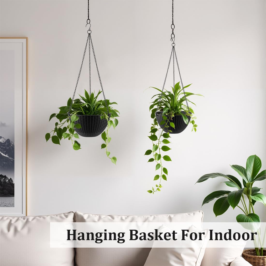 RooTrimmer Hanging Planters for Indoor Outdoor Plants 8 and 10 Inch, 4 Packs Hanging Flower Pot with Drainage Holes, Self-Watering Hanging Basket Perfect for Home, Office and Garden, Black