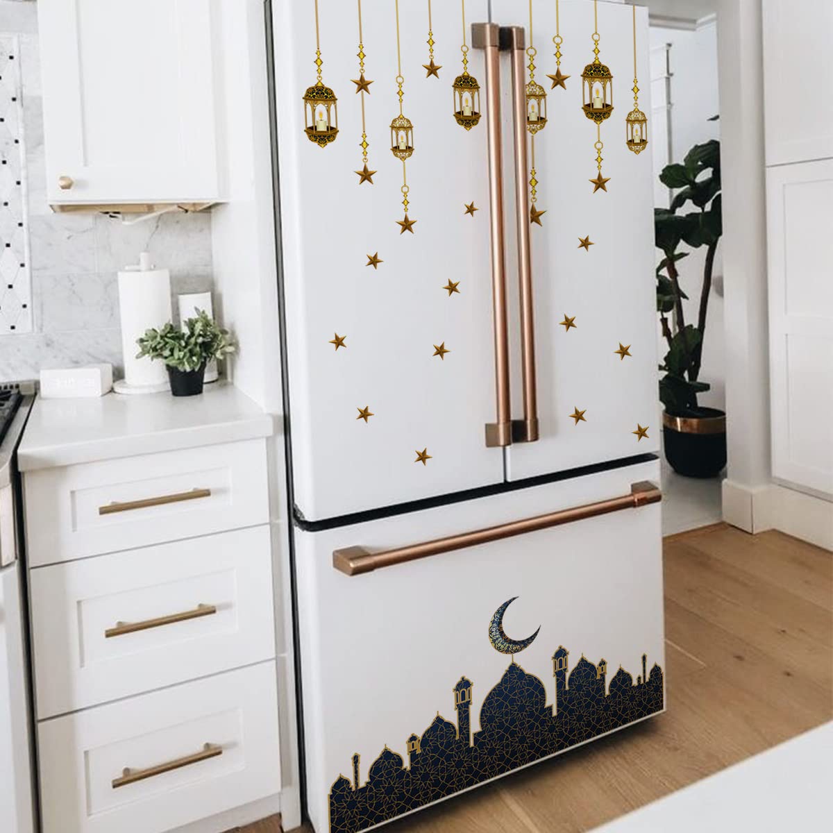 Ramadan Wall Stickers Islamic Muslim Wall Decals Eid Mubarak Ramadan Lantern Moon Star Window Decor for Home Living Room Bedroom Decorations Ramadan Wall Clings (Gold and Navy Blue)