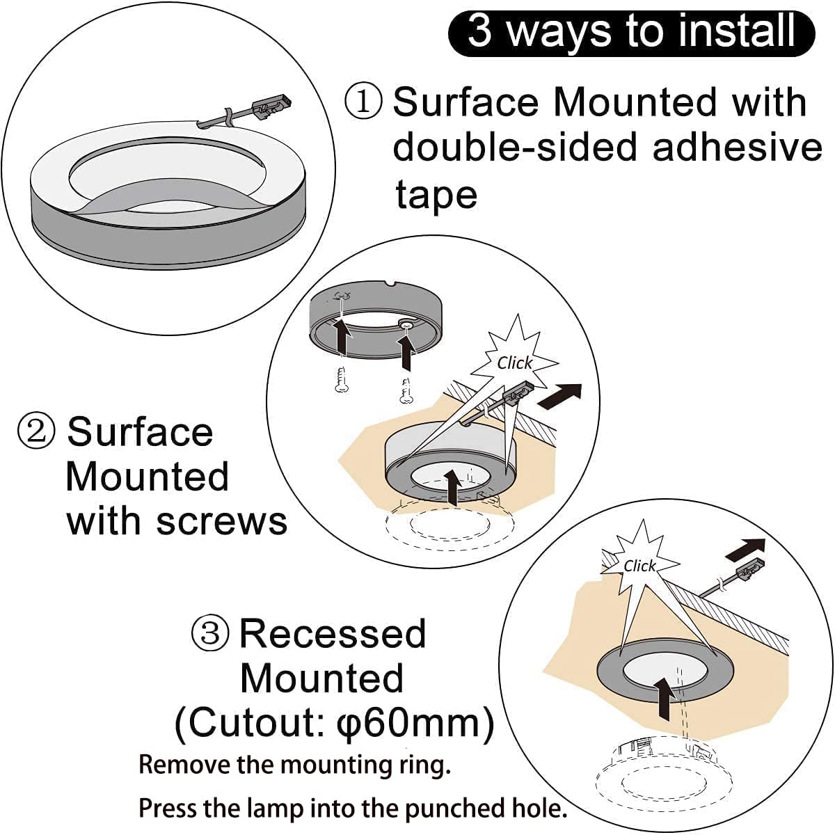 VST Under Cabinet Lighting 12V 2W (12W Total, 60W Equivalent), Wireless Dimmer Switch, Recessed or Surface Mount Wiried Puck Light for Kitchen, Wardrobe (6 Pack Black 3000K)