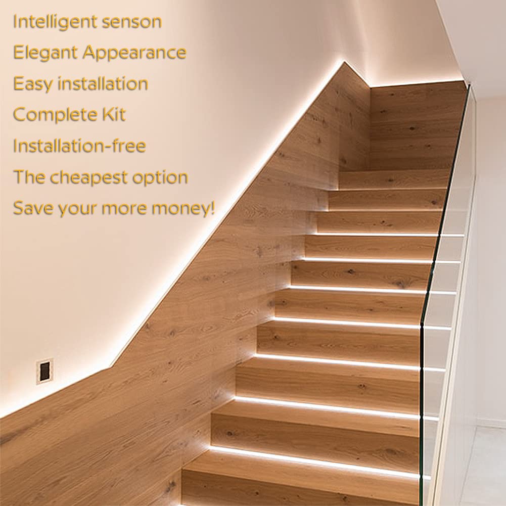 SuperlightingLED Intelligent Motion Sensor Stair Lights Indoor Staircase Lighting Kit ES32 PIR Sensor 4Feet Wide Cuttable Daylight White Dotless COB LED Strips 20PCS Complete Item (6000k)