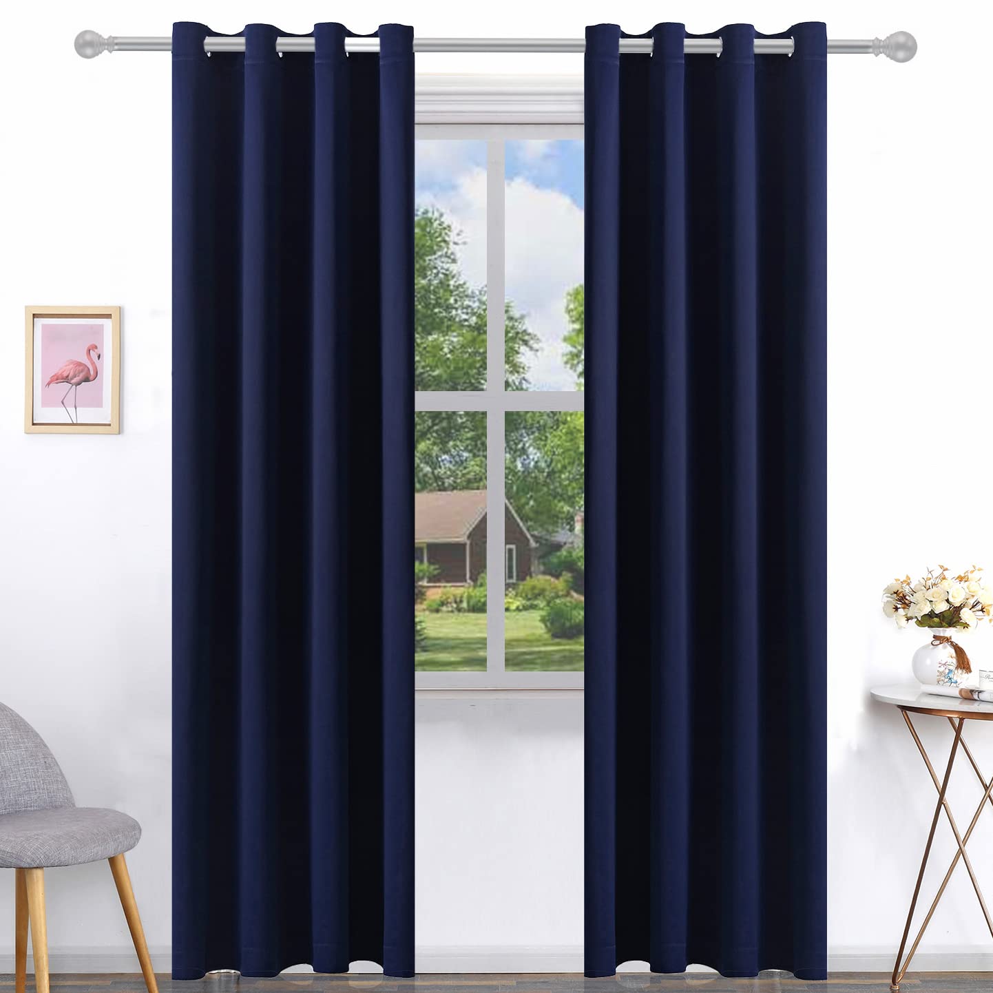 Pickluc Deep Navy Blackout Curtains 96 Inch Length 2 Panel Set, Solid Grommet Drapes for Bedroom or Living Room, Light Blocking and Thermal Insulated, 52W x 96L