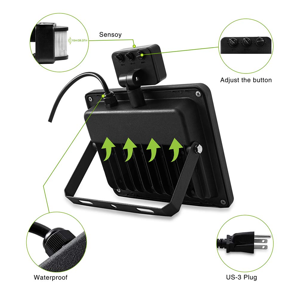 LEACOCO Motion Sensor Flood Light Outdoor,10W Security Light, IP66 Waterproof Outdoor Light,1000LM,3200K Motion Security Lights with Plug for Garage Yard Patio Pathway Porch Entryways (Warm White)
