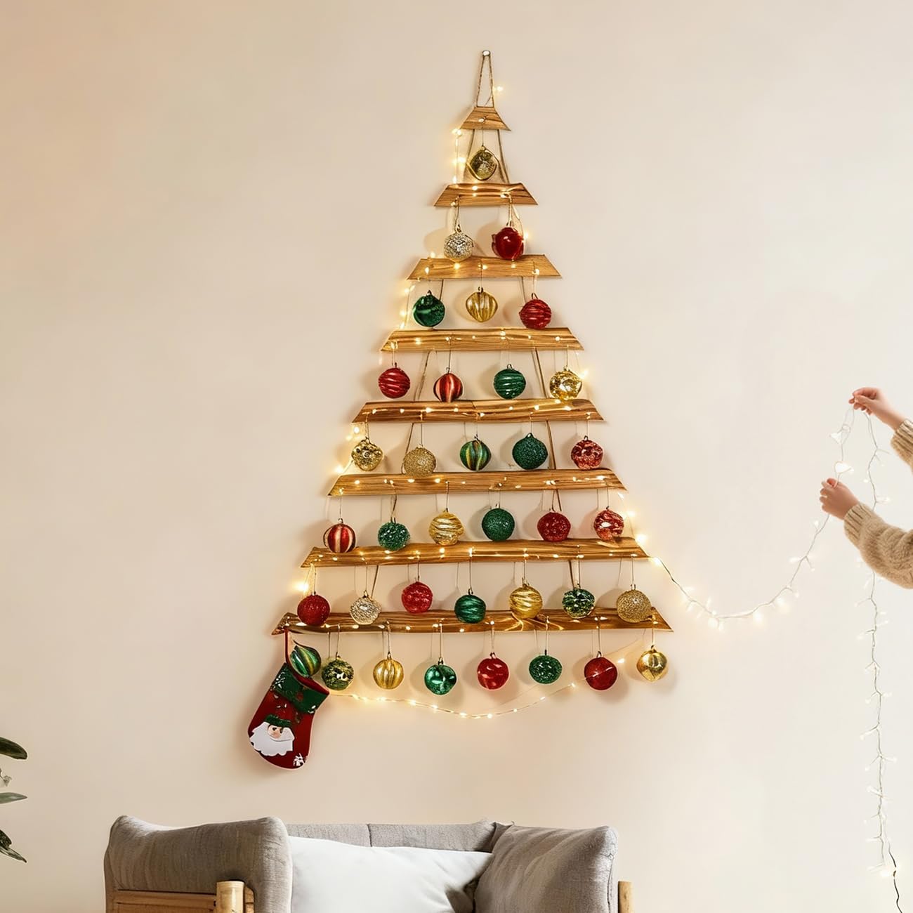 SOONOW 44" Wall Hanging Christmas Tree with Remote LED Lights and 36 Ornaments, Lighted Wood Christmas Tree for Living Room, Bedroom Holiday Wall Decor