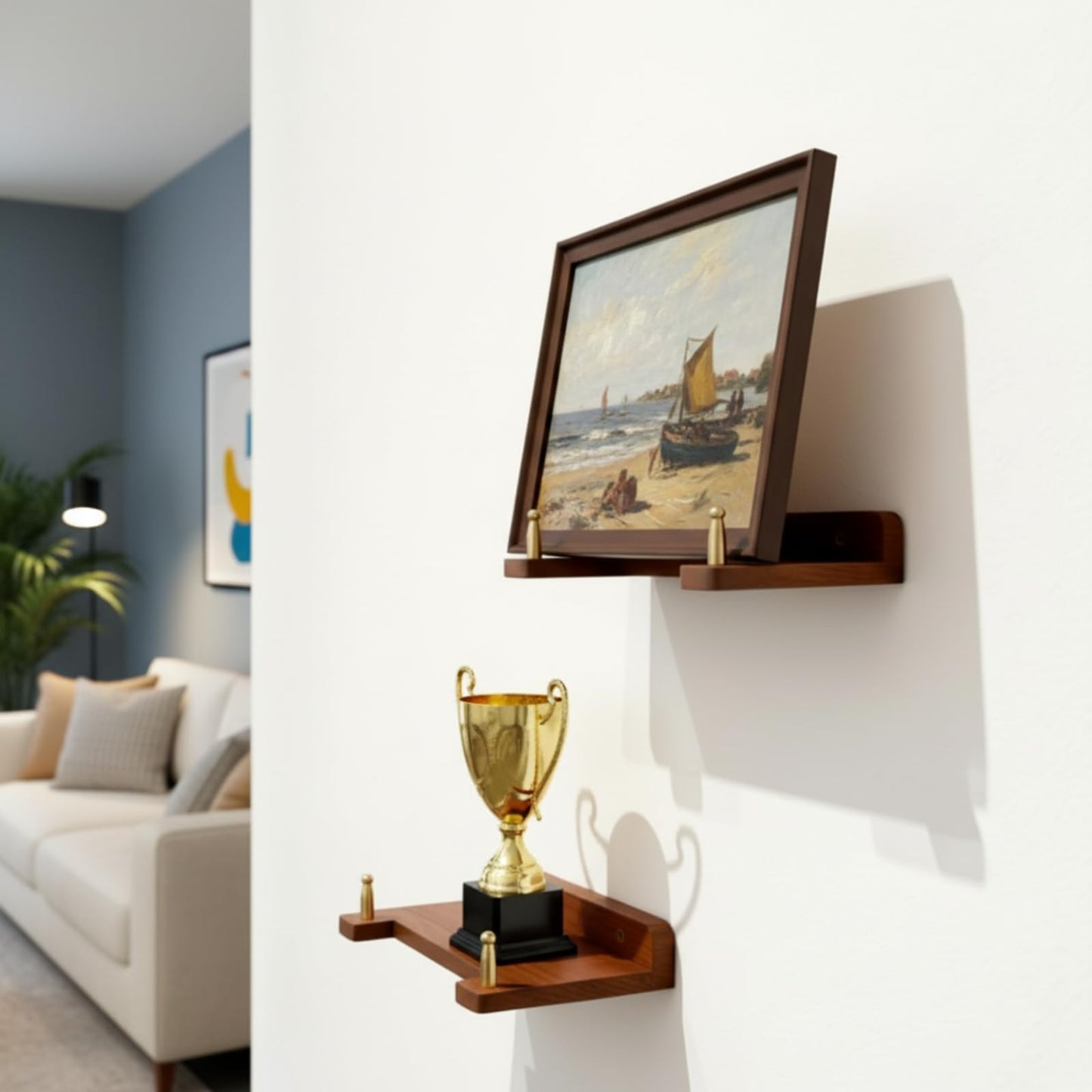Chunful 1 Piece Wall Plate Hanger for 6-16 Inch Plates, Includes 1 Acacia Wood, 2 Brass Columns & 2 Screws, Decorative Wall Mount Display Holder for Plates, Frames, Certificates, Artwork