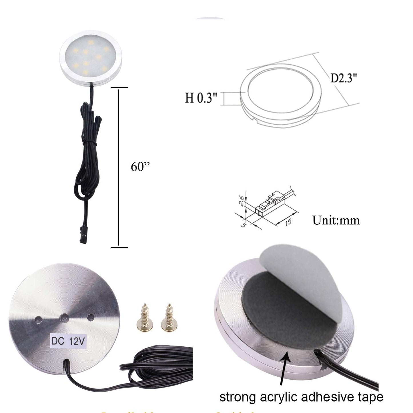 AIBOO 12V LED Under Cabinet Lighting Kit 3 Packs Slim Aluminum Puck Lights with 2-Way Switch All Accessories Included for Counter Closet Lighting 6W (Daylight White)