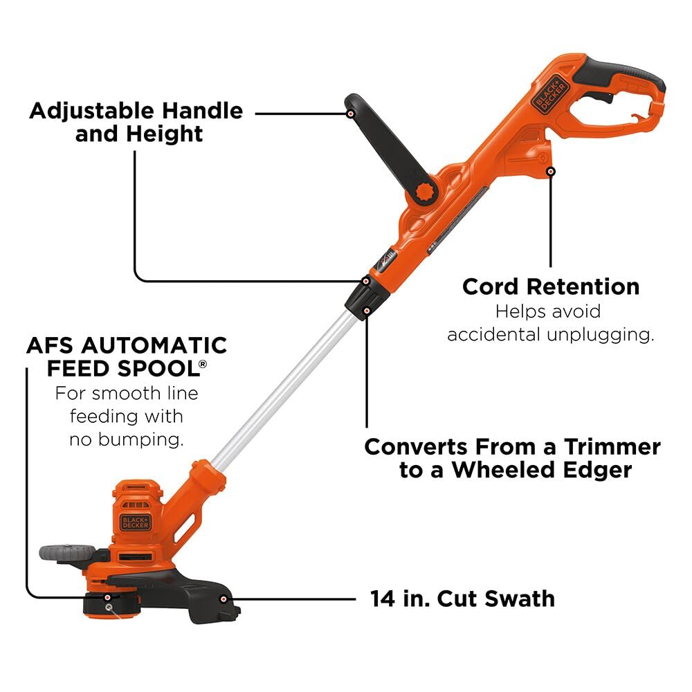 BLACK+DECKER Weed Wacker with Auto Feed, 14-Inch 2 in 1 String Trimmer Lawn Edger, Powerful 6.5-Amp Lightweight Electric Weed Eater (BESTA510)