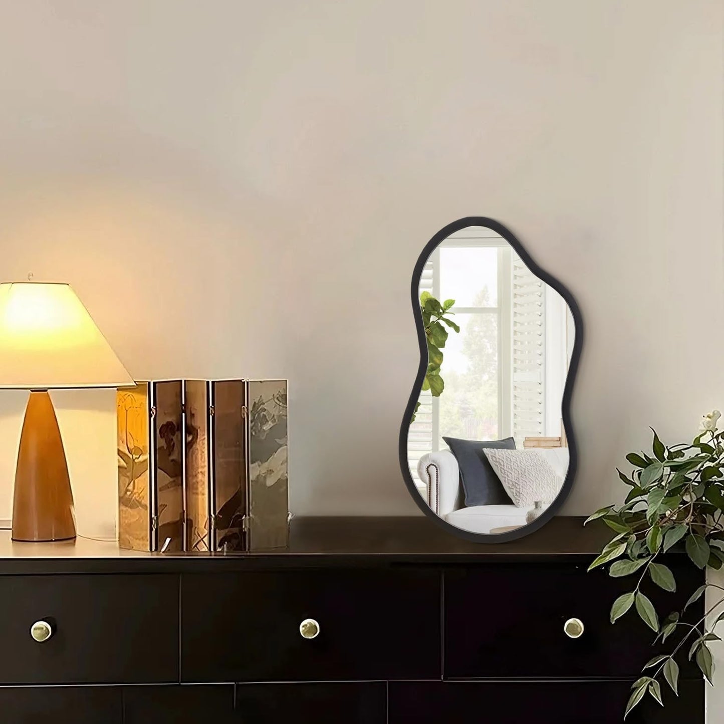 AAZZKANG Irregular Wall Mirror with Wood Framed Small Asymmetrical Black Hanging Mirrors for Bedroom Living Room Bathroom Entryway Dressing Room Decorative