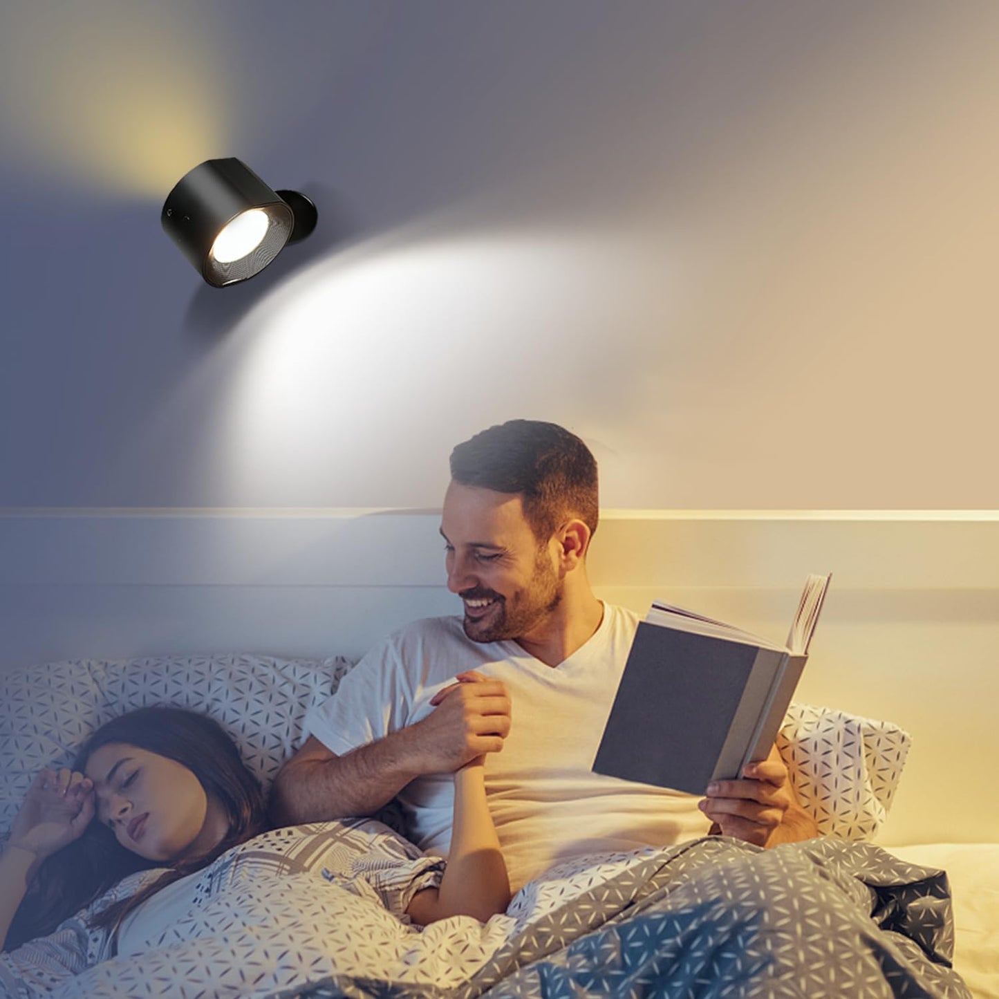 Black Rechargeable wall lamp, Black LED wall lamp, 360° Rotating, dimmable, Wireless wall lamp, Suitable for bedrooms, Studies, Living Rooms, Bedside Tables, etc. (Two-Pack)