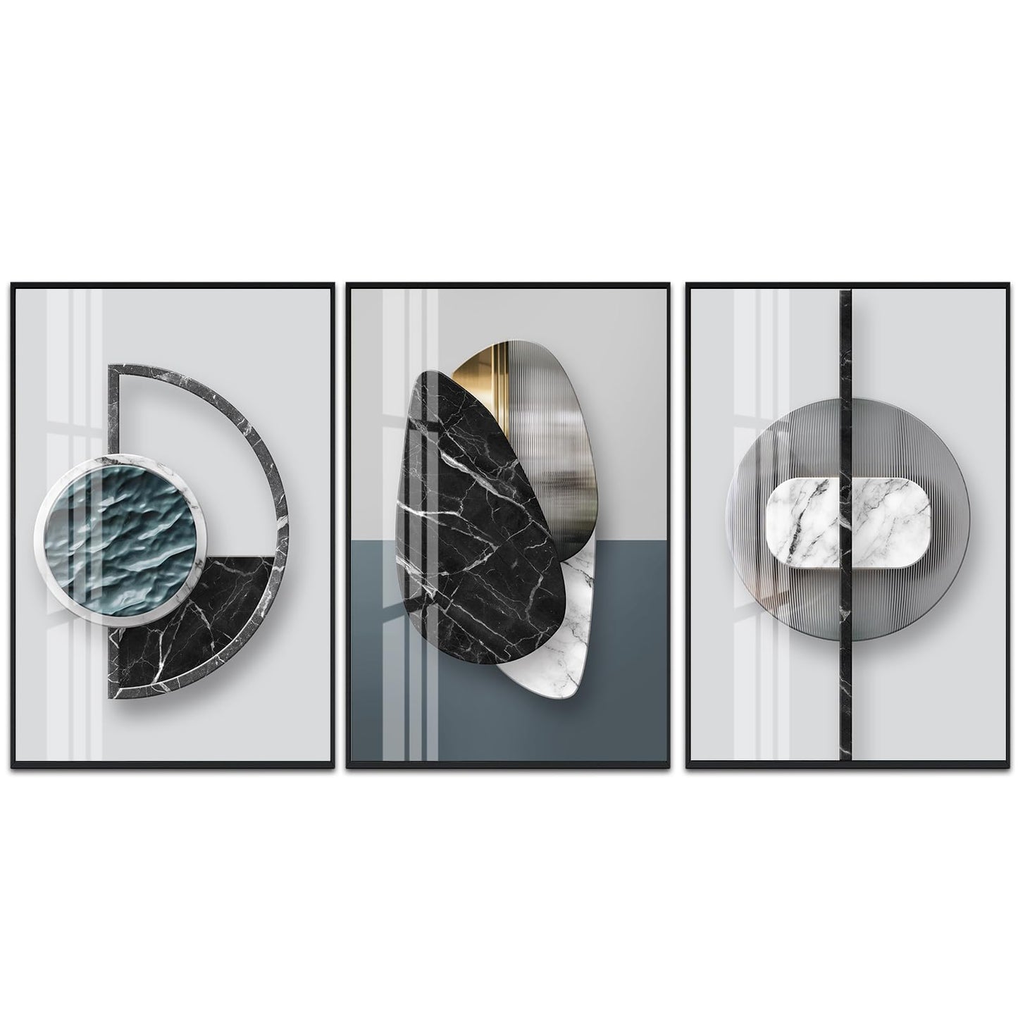 QKF Extra Large Frame Bright Geometry Abstract Canvas Wall Art Modern Home Living Room Bedroom Bathroom Wall Decor Poster & Prints Set of 3 Paintings 24"x 32" (Black Ash, 24" X 32" X 3 pieces)