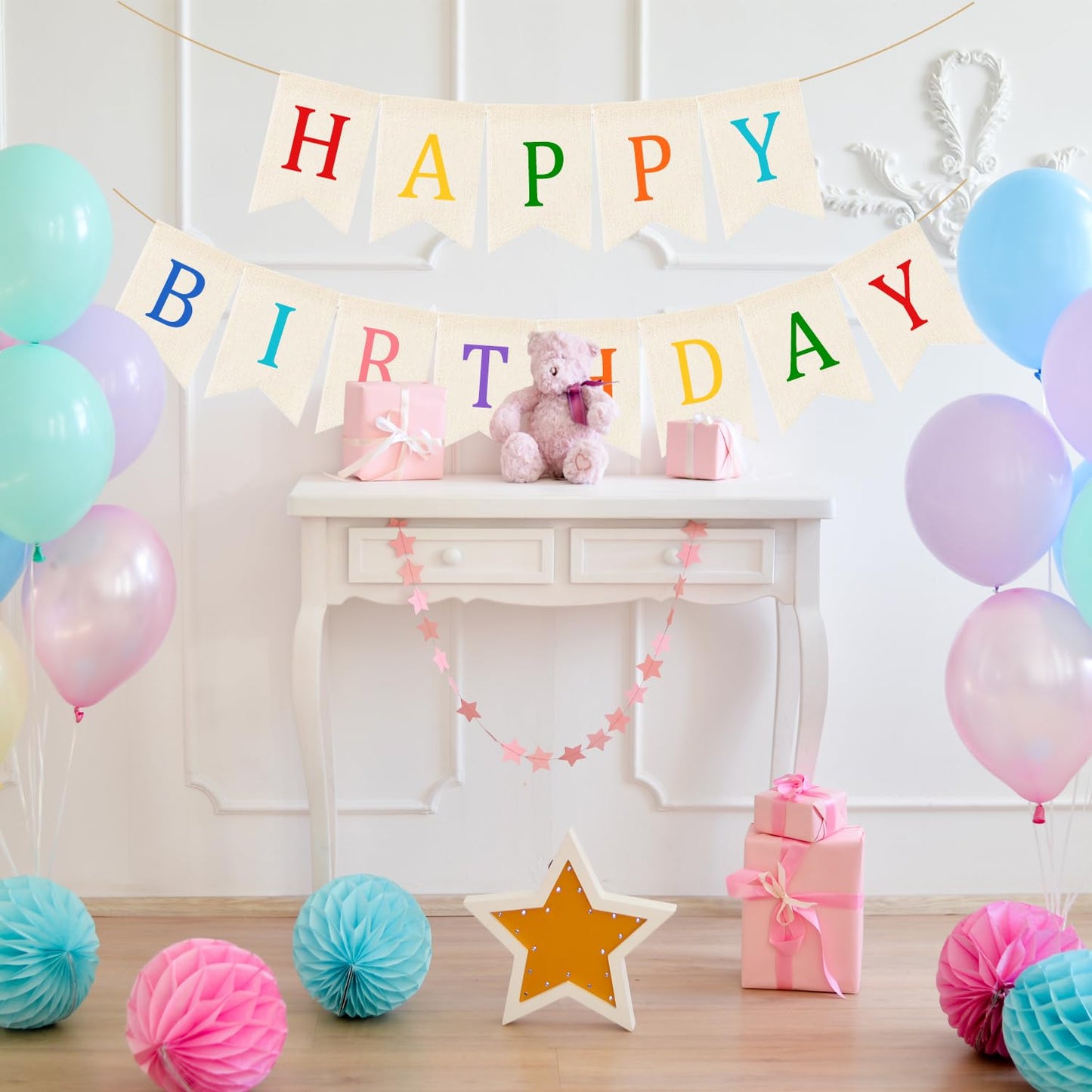 Doumeny Happy Birthday Burlap Banner Boho Birthday Garland Banner Rainbow Bohemian Bunting Garland White Birthday Hanging Bunting Multicolor Birthdays Sign Party Flag for Home Mantel Fireplace Nursery