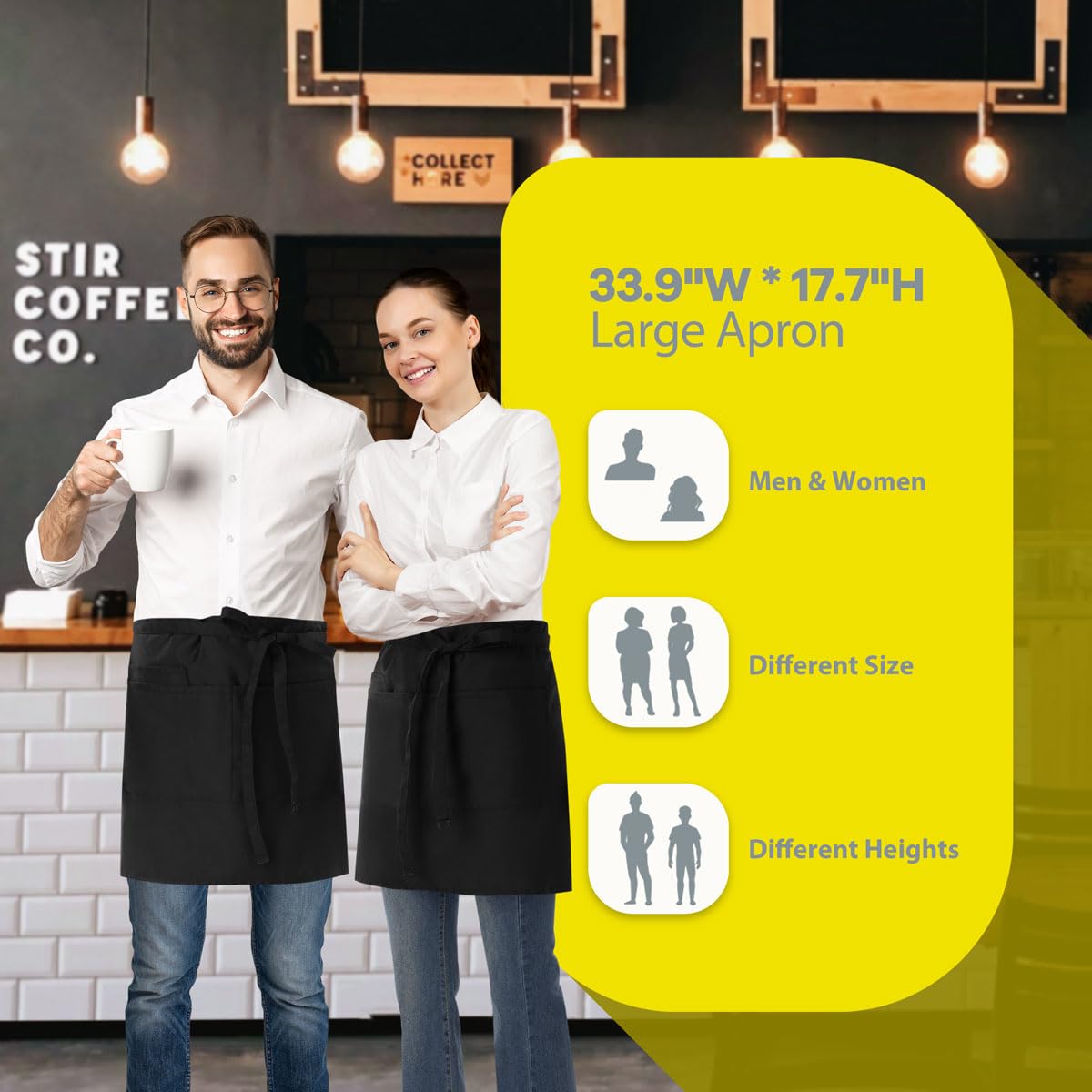 ROTANET Server Apron Black with 3 Pockets 18 Inch Long Waiter Waitress Bistro Half Waist Aprons for Women Men Waterproof