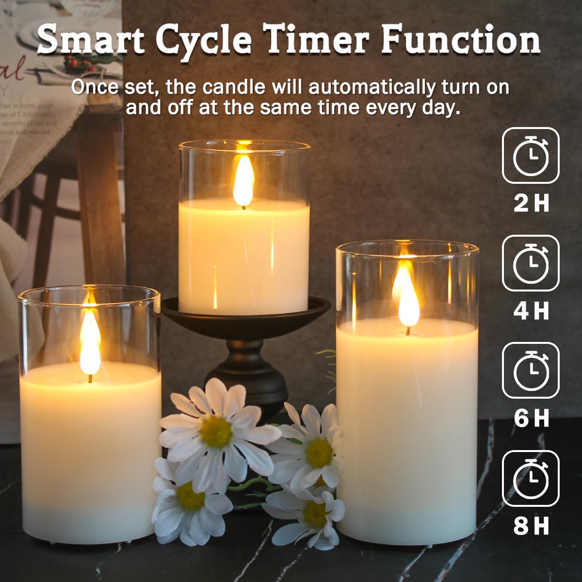 LEDHOLYT Rechargeable Flameless Glass Pillar Candles–Mothers Day Gifts,–Set of 3, Realistic Flickering LED Light,Remote & Timer, Ideal for Living Room, Bedroom & Birthday Gifts for Mom