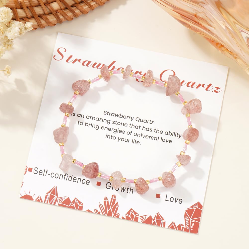 SHINUS BOHO Healing Natural Crystal Beaded Stretch Bracelet for Women,Handmade Boho Irregular Strawberry Quartz Energy Stones Growth Love Bracelet Summer Beach Fashion Jewelry Gift Friendship