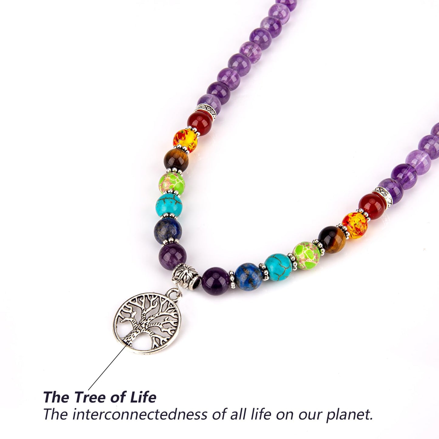 PWMENLK 108 Mala Beads Meditation Necklace 7 Chakra Buddhist Prayer Beaded Bracelet Tree of Life Pendant Necklace Healing Stone Yoga Necklace Women Men Bracelets(Amethyst&Obsidian)