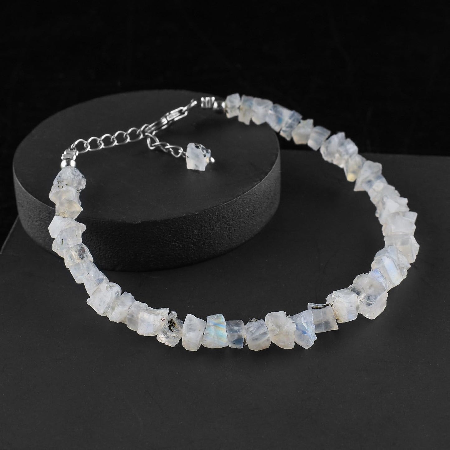 Natural Raw Rainbow Moonstone Bracelets for Women, June Birthstone, Rough Gemstone Chakra Healing Crystals Jewelry, 925 Sterling Silver Chain 8 inch, Birthday Gifts For Her