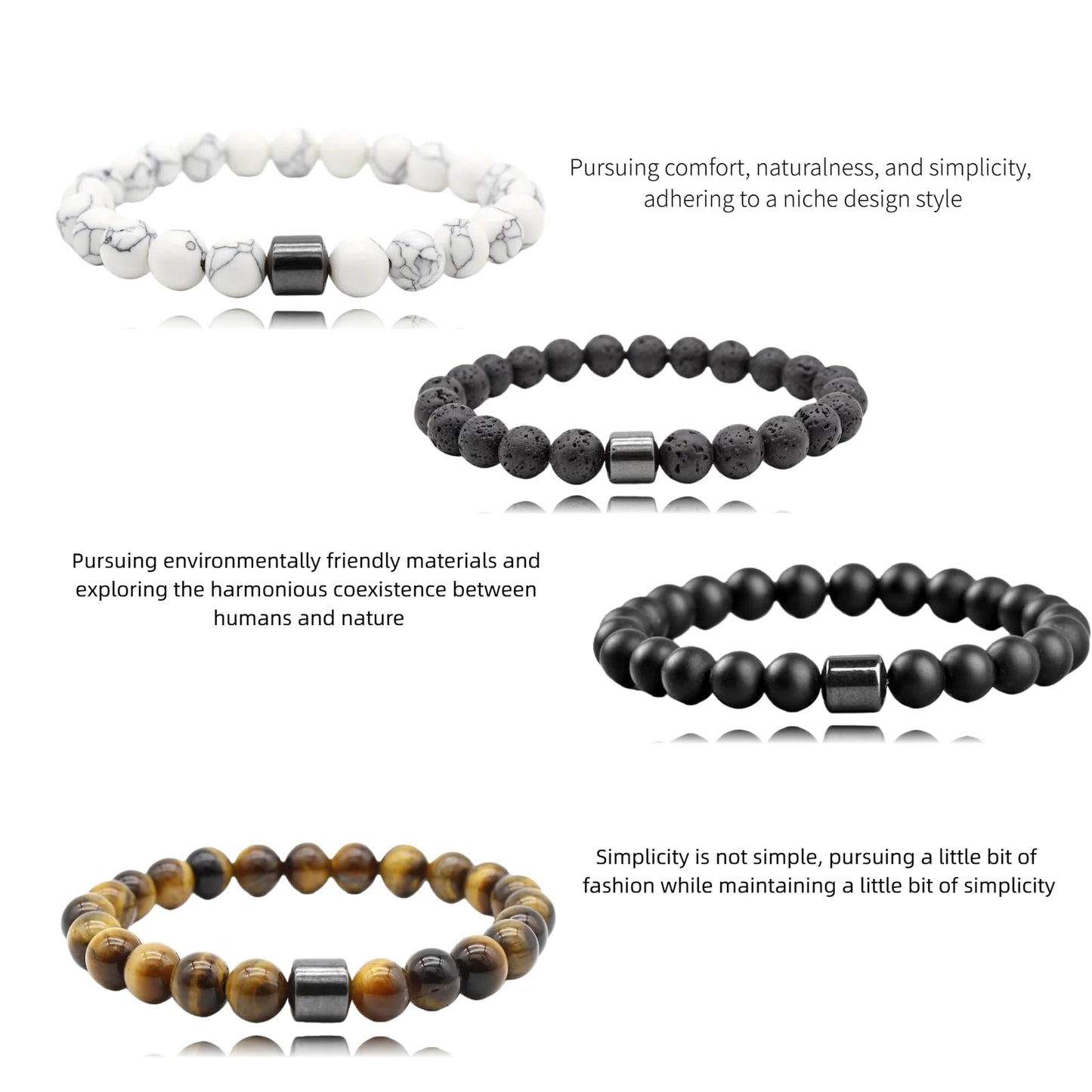 Liiusgelad Mens Beaded Bracelets 4-Pack, 8mm & 6mm Black and White Stone Bracelet Set, Hematite Obsidian Tiger Eye Crystal Mala Bead Bracelet for Men, Pulseras para Hombres, Mens Jewelry Accessories