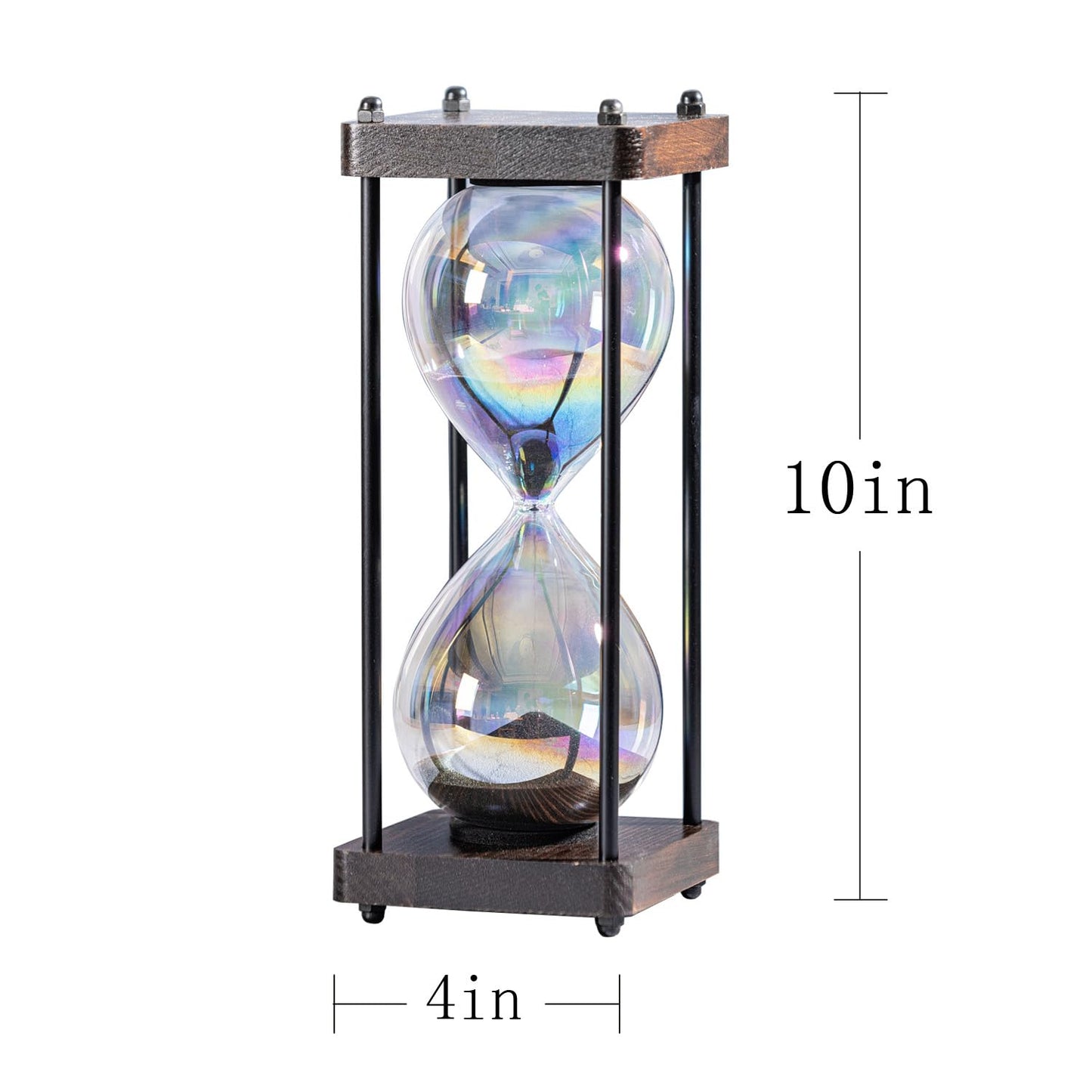 Rainbow Hourglass Timer 60 Minute, Wooden Frame Decorative Sand Timer (Black Sand, Large Size)