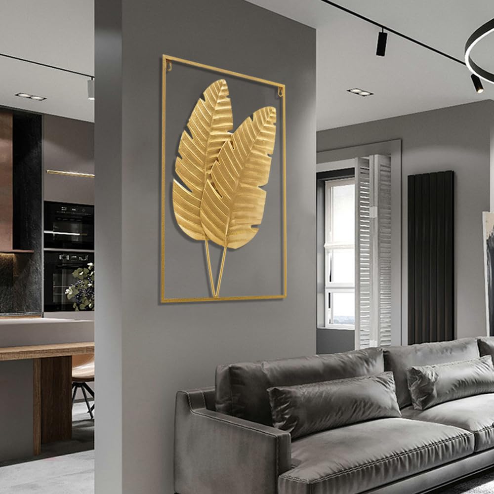 HKaikzo Gold Metal Wall Decor Set of 2, Leaf Wall Hanging Home Decor with Frame, Modern Wall Art Decor Wall Sculptures for Living Room, Bedroom, Office, Hotel, Large 24" X 16"