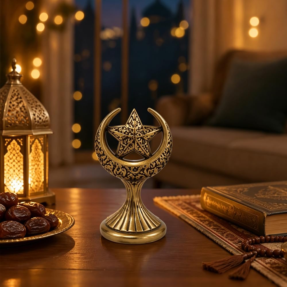 Mingzhang Ramadan Decorations for Home, Islamic Crescent Moon Star Statue, Eid Mubarak Table Centerpiece, Gold Ramadan Decor Ornament Gift