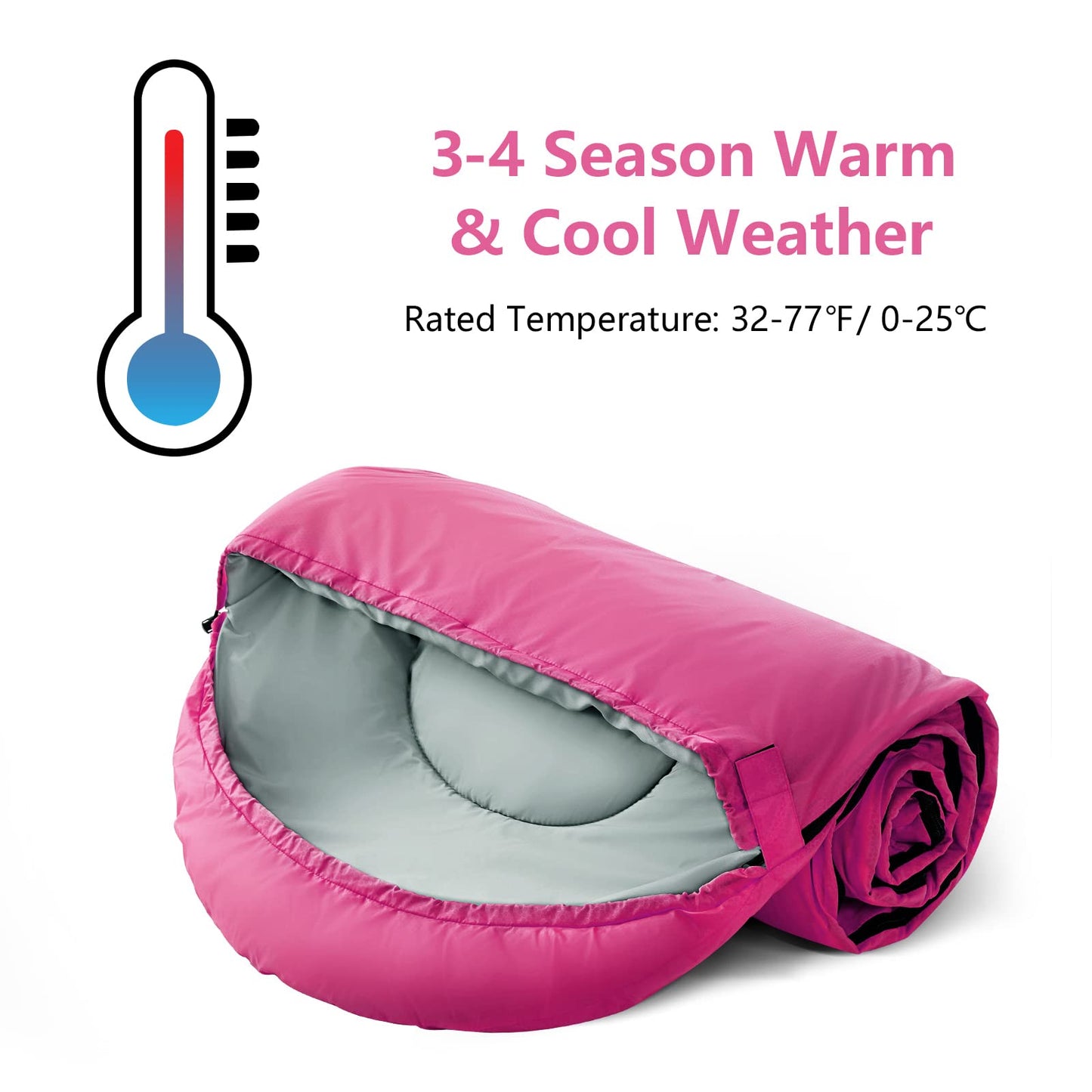 ORTHOMTEX Sleeping Bags for Adults,Teens and Kids Girls-Warm & Cold Weather Lightweight,Waterproof Backpack,Great for 3-4 Seasons Hiking,Camping and Outdoor Mountaineering(Pink/Right Zip)