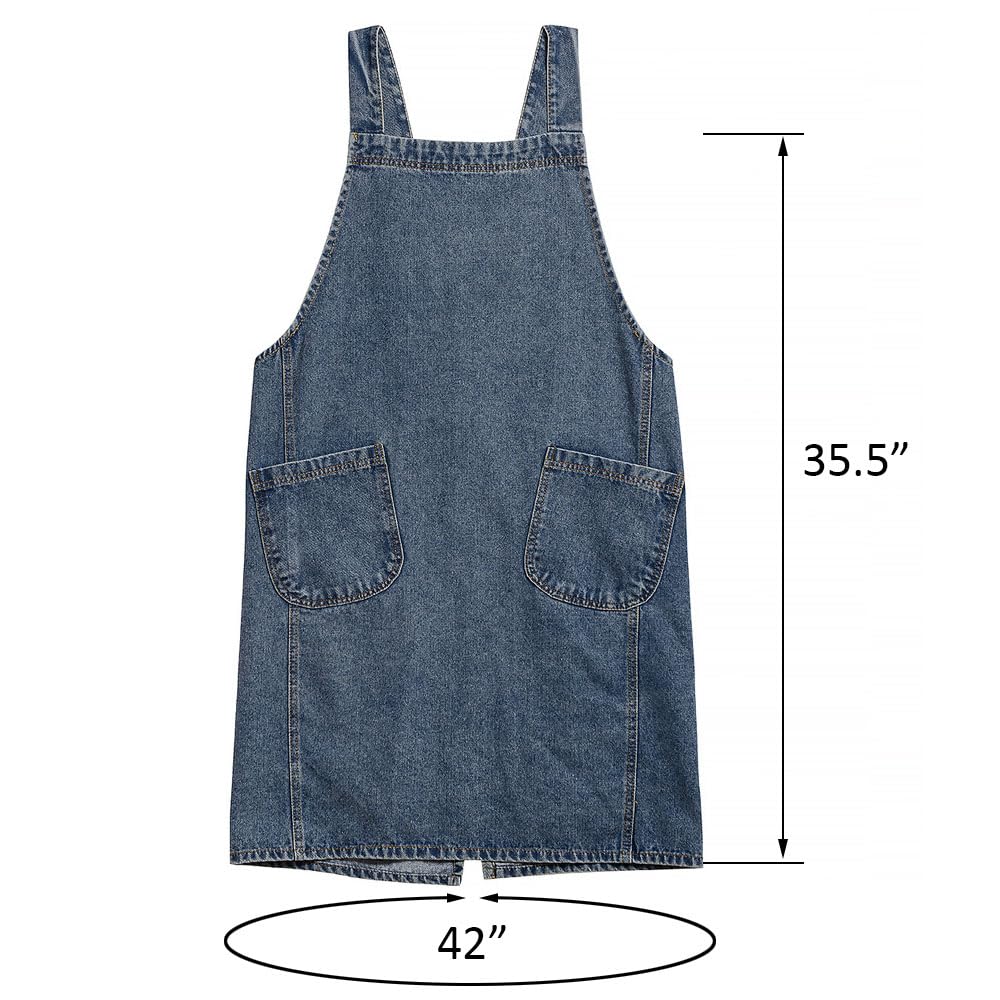 BCHWAY FAMILY Denim Apron with Large Pockets for Cooking Kitchens, Gardening Aprons for Women Men, Bib Jean Apron for Arts Cafe Work (Style B, Deep Blue)